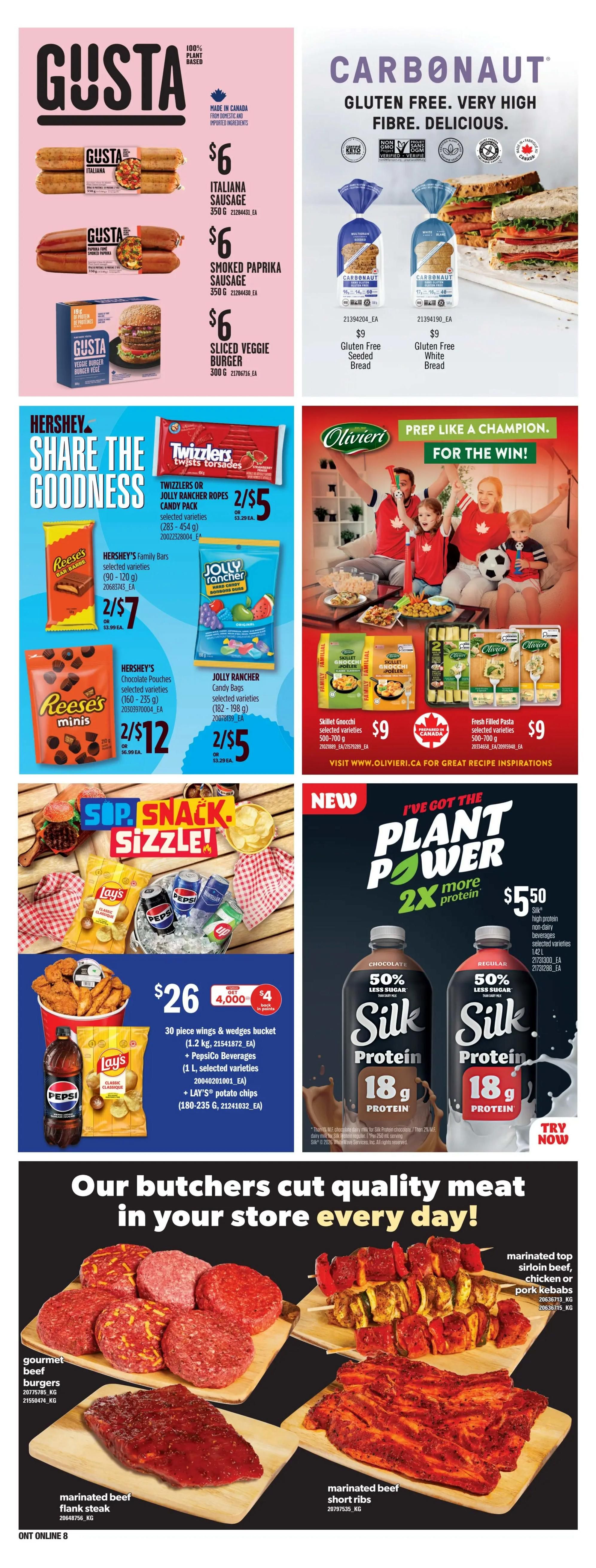 Zehrs weekly flyer specials page 17 features Gusta Italiana sausage, smoked paprika sausage, and sliced veggie burgers, all for $6 each. Carbonaut gluten-free seeded and white bread are available for $9. Hershey's Share the Goodness includes Twizzlers or Jolly Rancher ropes for 2 for $5, Hershey's Family Bars for 2 for $7, and Hershey's Chocolate Pouches or Jolly Rancher candy bags for 2 for $5. Olivieri offers skillet gnocchi and fresh filled pasta for $9. The page also promotes a 'Sip, Snack, Sizzle' deal with a 30-piece wings and wedges bucket, PepsiCo beverages, and Lay's potato chips for $26, with a bonus $4 offer on 4,000 points. New 'Plant Power' Silk protein beverages are featured at $5.50, offering 2x more protein and 50% less sugar. The bottom section highlights 'Our butchers cut quality meat in your store every day!' with gourmet beef burgers, marinated beef flank steak, marinated beef short ribs, and marinated top sirloin beef, chicken, or pork kebabs.