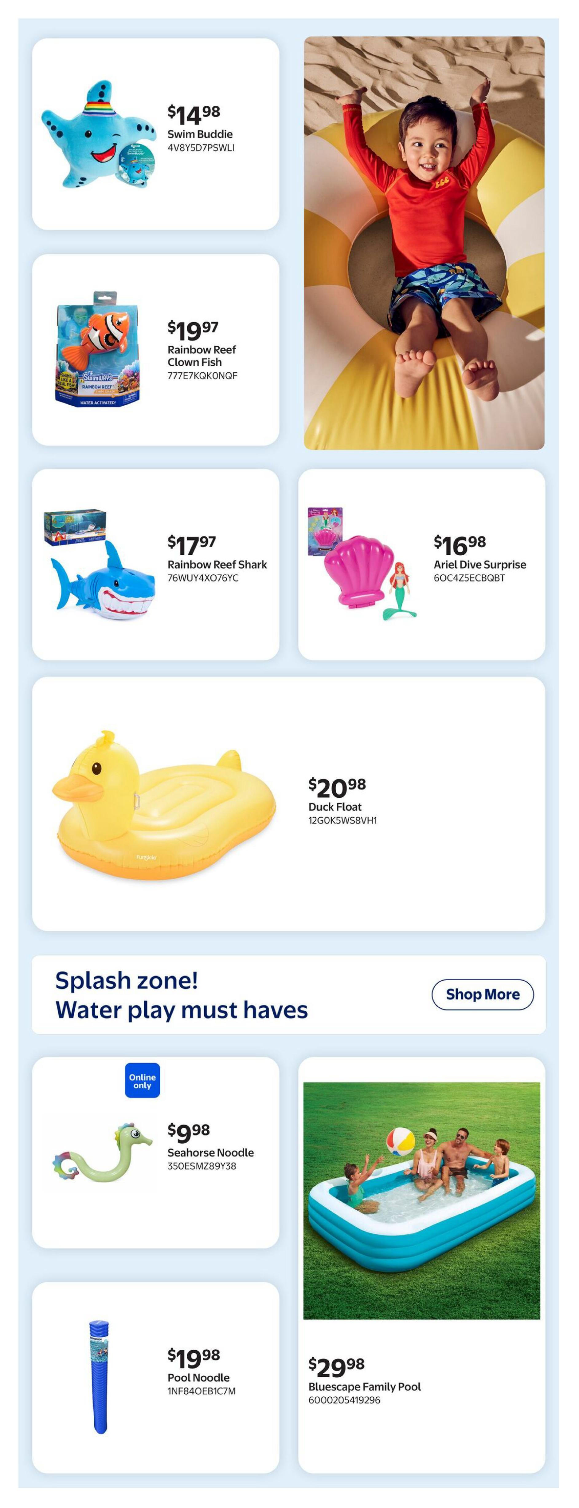 Walmart Canada flyer page 4 features water play items. Products include a Swim Buddie for $14.98, a Rainbow Reef Clown Fish for $19.97, and a Rainbow Reef Shark for $17.97. Also available is an Ariel Dive Surprise for $16.98 and a Duck Float for $20.98. The 'Splash zone! Water play must haves' section highlights an 'Online only' Seahorse Noodle for $9.98 and a Pool Noodle for $19.98. A large Bluescape Family Pool is priced at $29.98. The page also includes an image of a child enjoying a large inflatable ring.
