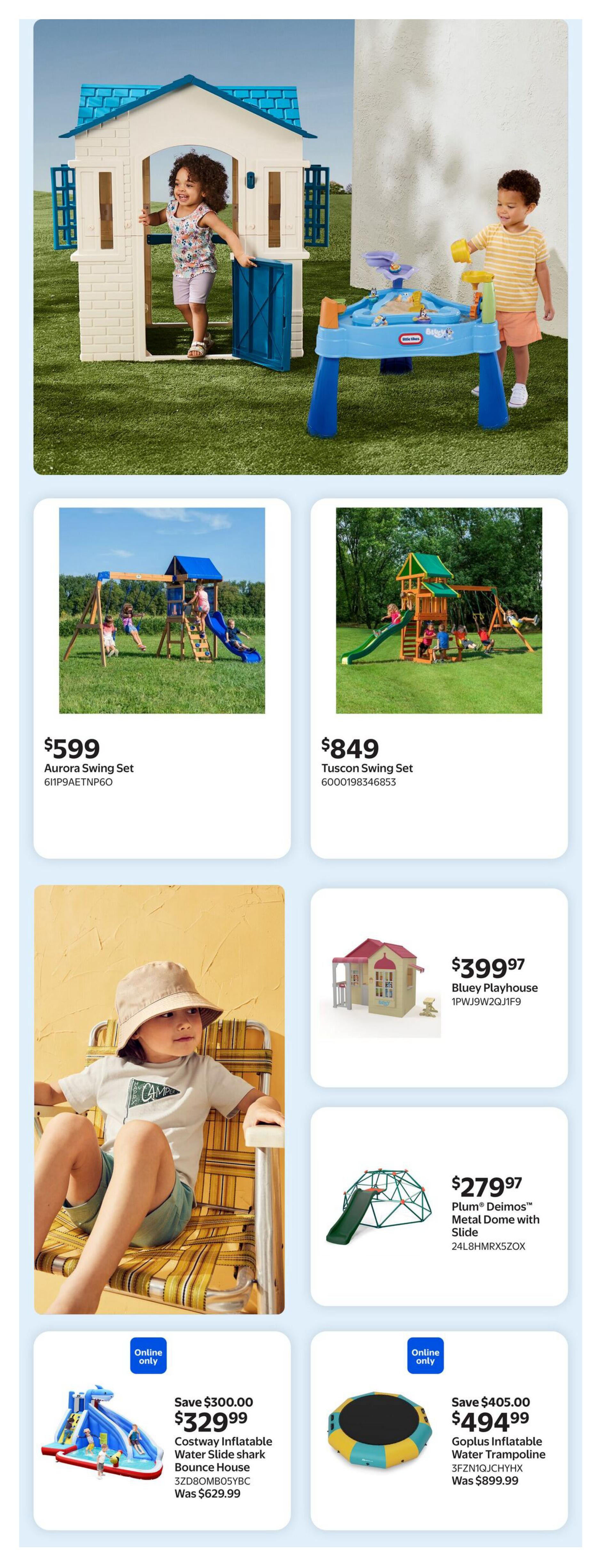 Walmart Canada flyer page 7 features outdoor play equipment. Top section shows a child playing in a Little Tikes playhouse and another child at a water table. Below, the Aurora Swing Set is priced at $599 and the Tuscon Swing Set is $849. The Bluey Playhouse is available for $399.97. Also featured is the Costway Inflatable Water Slide shark Bounce House, on sale for $329.99 (save $300.00), originally $629.99. The Plum Deimos Metal Dome with Slide is $279.97. Finally, the Goplus Inflatable Water Trampoline is on sale for $494.99 (save $405.00), originally $899.99.
