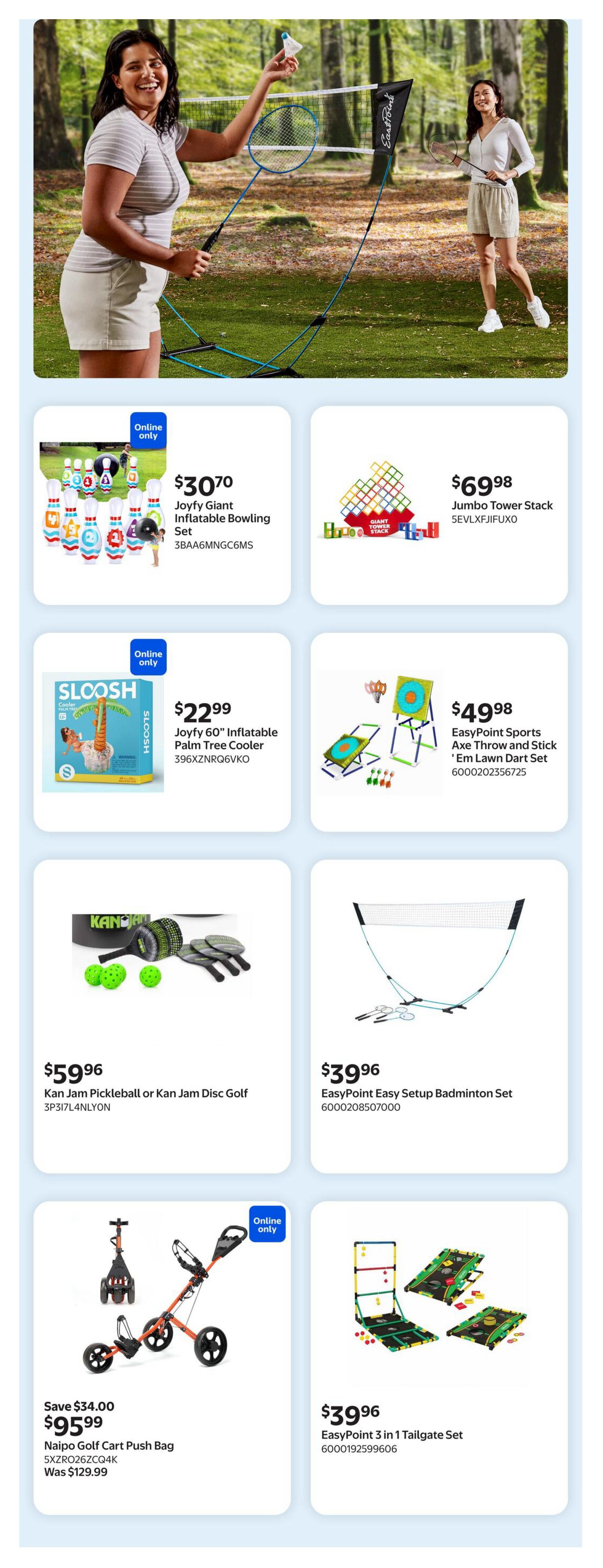 Walmart Canada flyer page 8 featuring outdoor and backyard games. Includes a Joyfy Giant Inflatable Bowling Set for $30.70, a Jumbo Tower Stack for $69.98, and a Joyfy 60' Inflatable Palm Tree Cooler for $22.99. Also available are an EasyPoint Sports Axe Throw and Stick 'Em Lawn Dart Set for $49.98, Kan Jam Pickleball or Kan Jam Disc Golf for $59.96, and an EasyPoint Easy Setup Badminton Set for $39.96. Additionally, the Naipo Golf Cart Push Bag is on sale for $95.99 (was $129.99), and an EasyPoint 3 in 1 Tailgate Set is priced at $39.96.