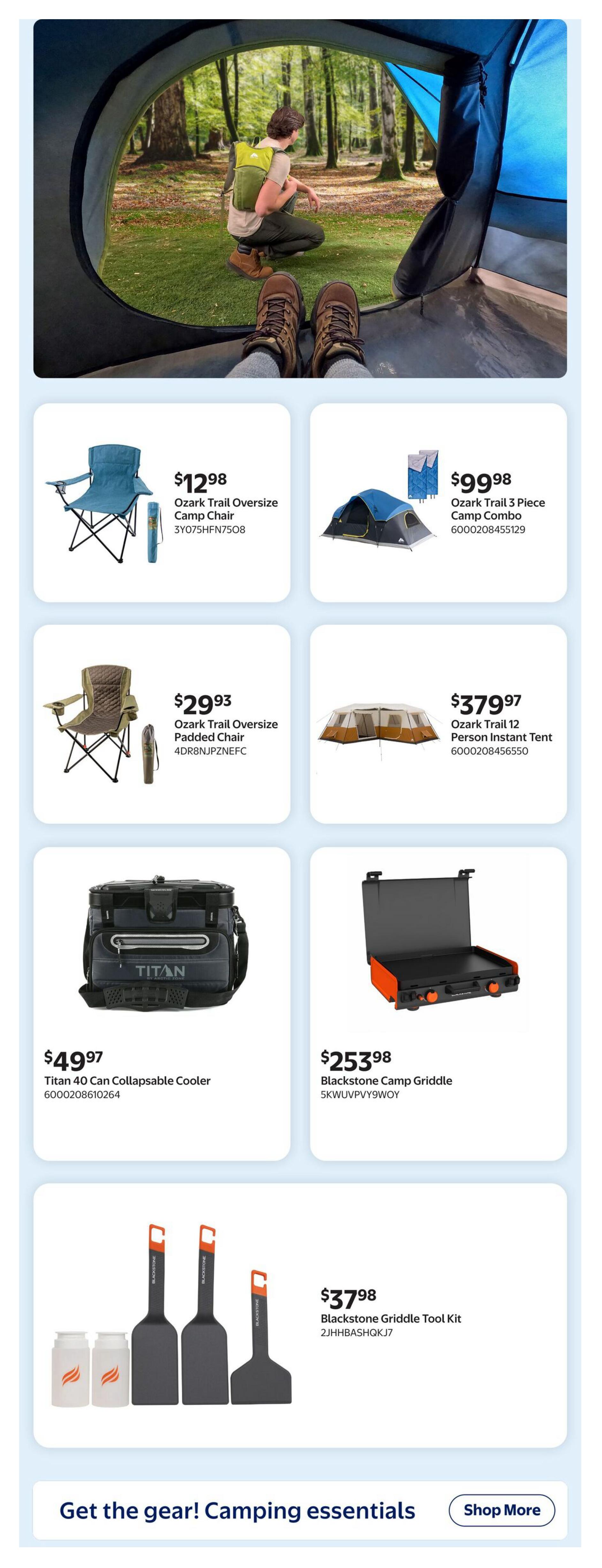 Walmart Canada flyer page 15 featuring camping essentials. Includes Ozark Trail Oversize Camp Chair for $12.98, Ozark Trail 3 Piece Camp Combo for $99.98, Ozark Trail Oversize Padded Chair for $29.93, Ozark Trail 12 Person Instant Tent for $379.97, Titan 40 Can Collapsible Cooler for $49.97, Blackstone Camp Griddle for $253.98, and Blackstone Griddle Tool Kit for $37.98. The page also has a banner that says 'Get the gear! Camping essentials' with a 'Shop More' button.