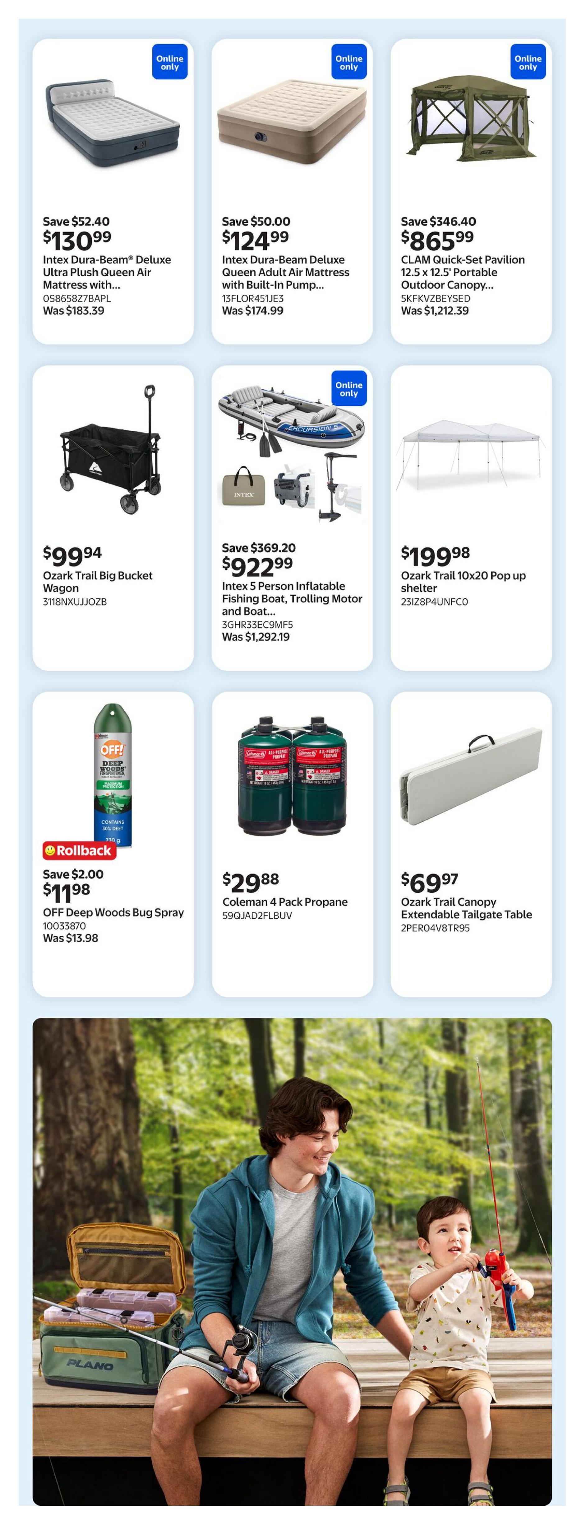 Walmart Canada flyer page 16 featuring outdoor and camping gear. Offers include Intex Dura-Beam Deluxe Ultra Plush Queen Air Mattress for $130.99 (was $183.39), saving $52.40. Also available is the Intex Dura-Beam Deluxe Queen Adult Air Mattress with Built-In Pump for $124.99 (was $174.99), saving $50.00. For larger gatherings, the CLAM Quick-Set Pavilion 12.5 x 12.5' Portable Outdoor Canopy is priced at $865.99 (was $1,212.39), a saving of $346.40. For hauling gear, the Ozark Trail Big Bucket Wagon is $99.94. An Intex 5 Person Inflatable Fishing Boat package with Trolling Motor and Boat is on sale for $922.99 (was $1,292.19), saving $369.20. Stay shaded with the Ozark Trail 10x20 Pop Up Shelter for $199.98. Protect yourself from insects with OFF Deep Woods Bug Spray for $11.98 (was $13.98), a rollback saving of $2.00. For cooking, a Coleman 4 Pack Propane is available for $29.88. Finally, the Ozark Trail Canopy Extendable Tailgate Table is $69.97. The page also features an image of a father and son fishing.