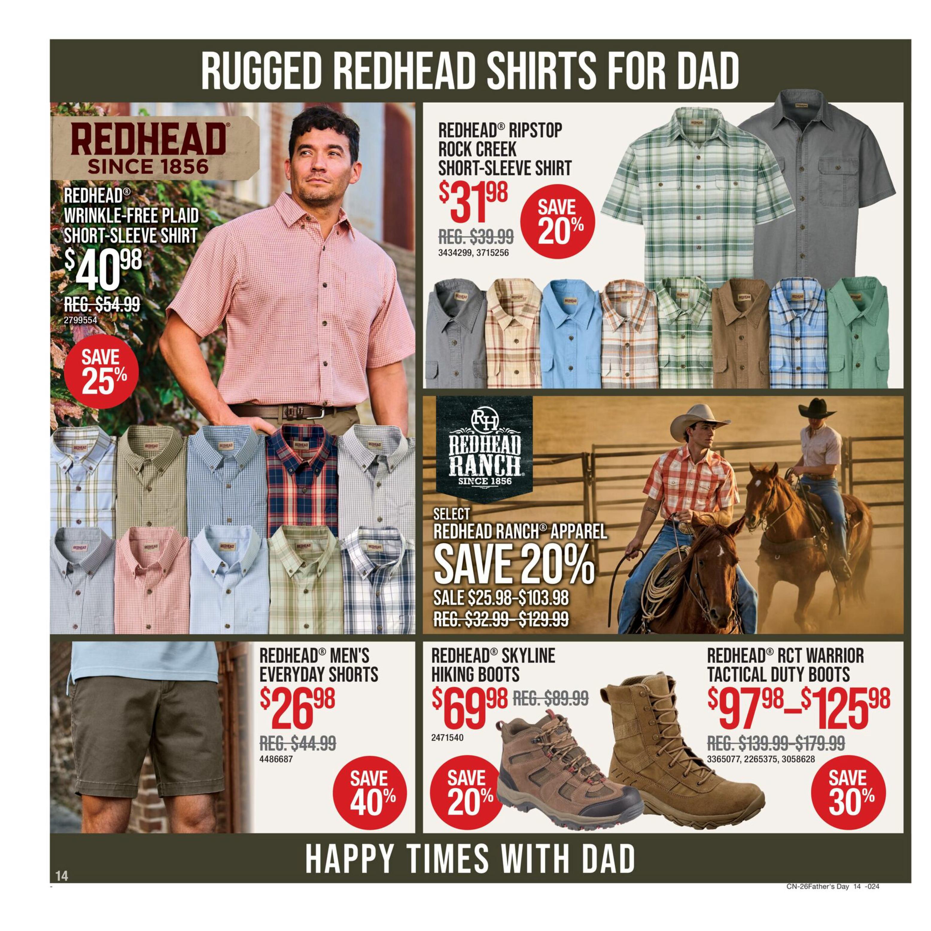 Bass Pro Shops Father's Day Sale flyer, page 14. Features Redhead brand apparel and footwear. A Redhead Wrinkle-Free Plaid Short-Sleeve Shirt is on sale for $40.98, a 25% savings from the regular price of $54.99. Also featured are Redhead Ripstop Rock Creek Short-Sleeve Shirts for $31.98, saving 20% off the regular price of $39.99. Select Redhead Ranch Apparel is 20% off, with sale prices ranging from $25.98 to $103.98 (regularly $32.99-$129.99). Redhead Men's Everyday Shorts are on sale for $26.98, a 40% discount from the regular price of $44.99. Redhead Skyline Hiking Boots are $69.98, a 20% savings from the regular price of $89.99. Redhead RCT Warrior Tactical Duty Boots are priced from $97.98 to $125.98, a 30% discount from the regular price of $139.99 to $179.99. The page has a 'Happy Times With Dad' theme.