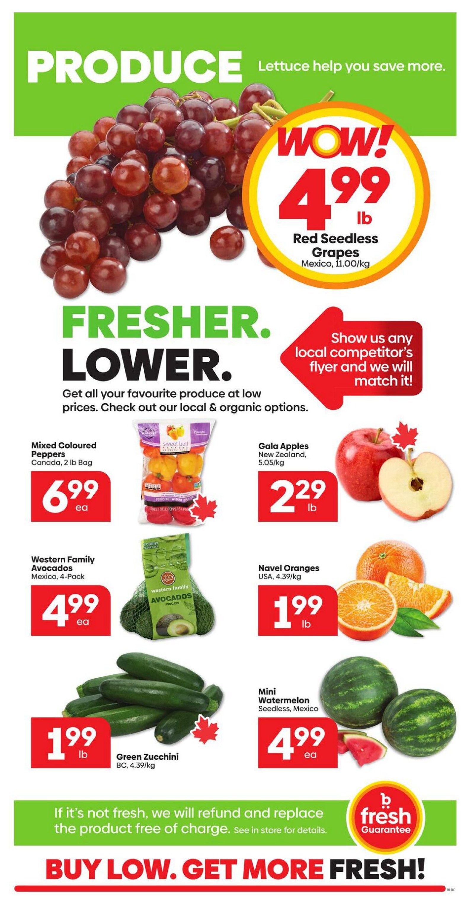 Buy-Low Foods weekly flyer specials page 3 features a variety of fresh produce. Highlighted are Red Seedless Grapes from Mexico for $4.99 per lb. Also available are Mixed Coloured Peppers from Canada, 2 lb bag, for $6.99 each, and Western Family Avocados, 4-pack, for $4.99 each. Gala Apples from New Zealand are priced at $2.29 per lb, and Navel Oranges from the USA are $1.99 per lb. Green Zucchini from BC are $1.99 per lb, and Mini Watermelons (seedless, Mexico) are $4.99 each. The flyer also includes a 'Wow!' price on grapes and a 'Fresher. Lower.' slogan, encouraging shoppers to check out local and organic options. A price match guarantee is offered. The page concludes with Buy-Low Foods' 'B Fresh Guarantee' and the slogan 'BUY LOW. GET MORE FRESH!