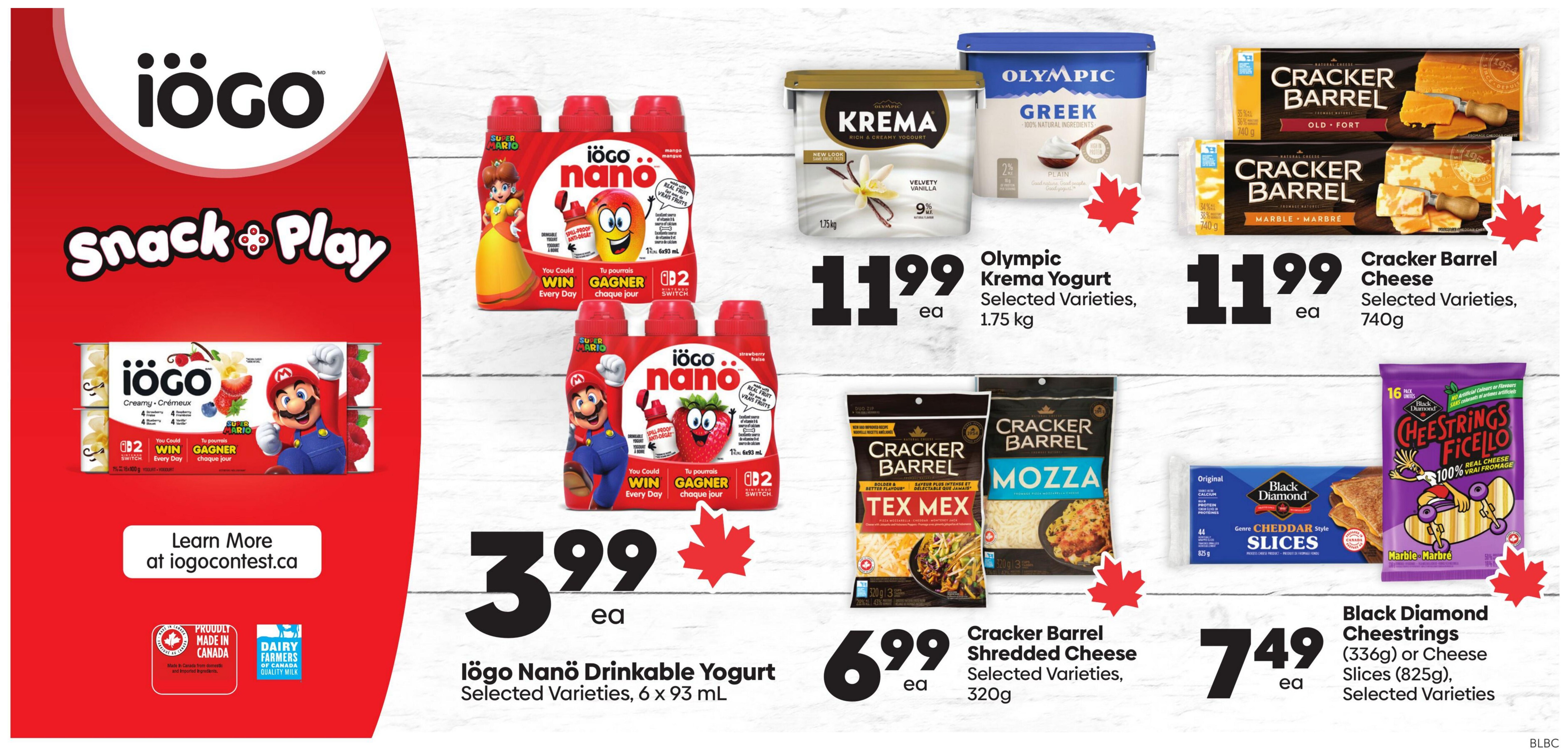 Buy-Low Foods Alberta weekly flyer specials page 8 features iögo Snack & Play promotions. Get iögo Nanö Drinkable Yogurt, selected varieties, 6 x 93 mL for $3.99 each. Also featured are Olympic Krema Yogurt, selected varieties, 1.75 kg for $11.99 each, and Cracker Barrel Cheese, selected varieties, 740g for $11.99 each. Cracker Barrel Shredded Cheese, selected varieties, 320g is on sale for $6.99 each. Black Diamond Cheestrings (336g) or Cheese Slices (825g), selected varieties, are available for $7.49 each. The iögo section highlights a contest to win Nintendo Switch prizes.