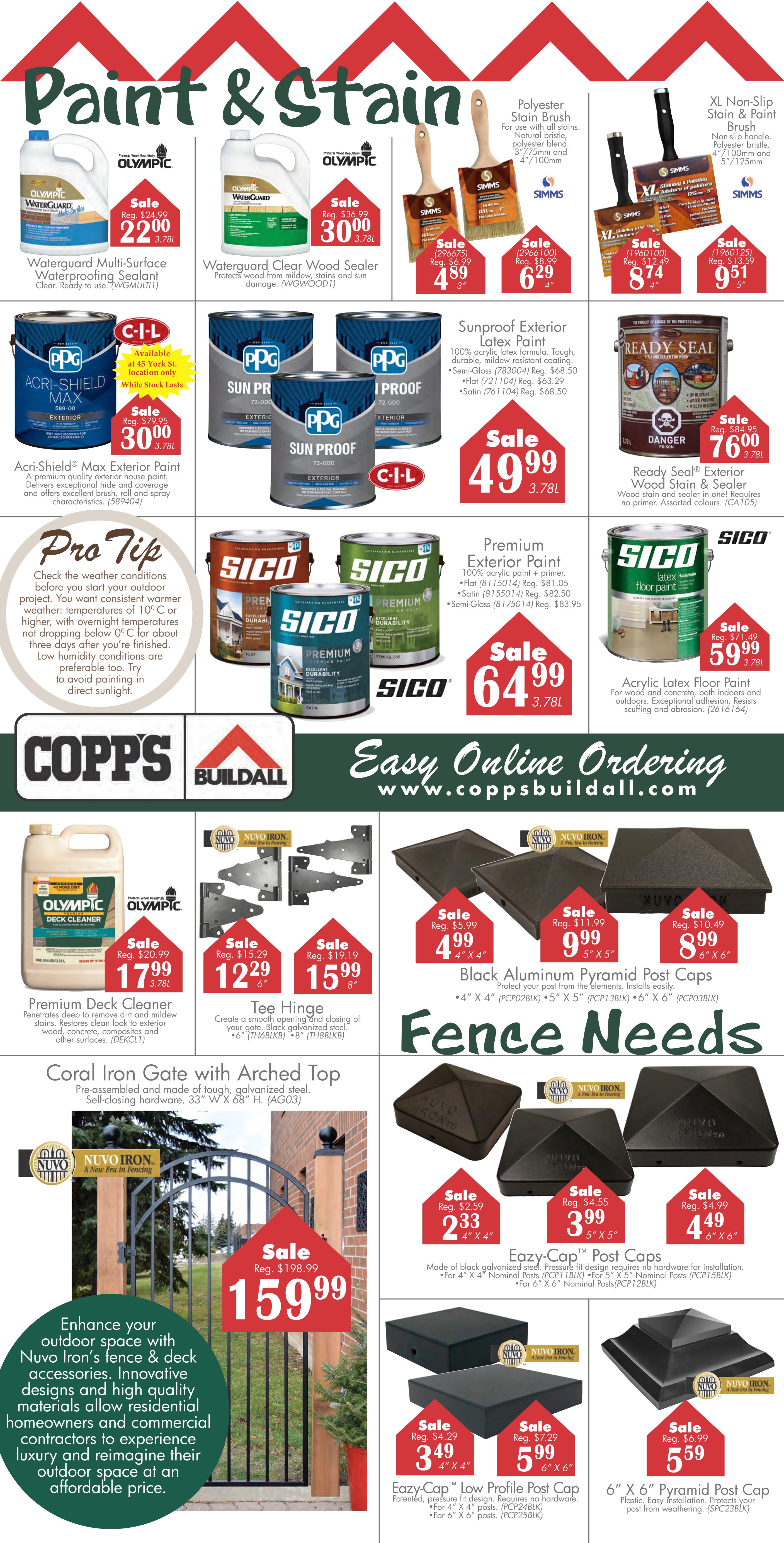 Copp's Buildall flyer page 2 features a wide selection of paint and stain products, including Olympic Waterguard Multi-Surface Waterproofing Sealant for $22.00 and Olympic Waterguard Clear Wood Sealer for $30.00. Also available are SIMMS Polyester Stain Brushes starting at $4.89 and XL Non-Slip Stain & Paint Brushes from $8.74. PPG Acri-Shield Max Exterior Paint is on sale for $30.00, and PPG Sun Proof and I Proof paints are available. Ready Seal Exterior Wood Stain & Sealer is priced at $76.00. SICO Premium Exterior Paint is $64.99, and SICO Acrylic Latex Floor Paint is $59.99. The page also highlights Copp's Buildall's easy online ordering at coppsbuildall.com. Other featured items include Premium Deck Cleaner for $17.99, Tee Hinges starting at $12.29, and Black Aluminum Pyramid Post Caps from $4.99. Additionally, a Coral Iron Gate with Arched Top is available for $159.99. Various Eazy-Cap Post Caps and a 6' x 6' Pyramid Post Cap are also displayed.