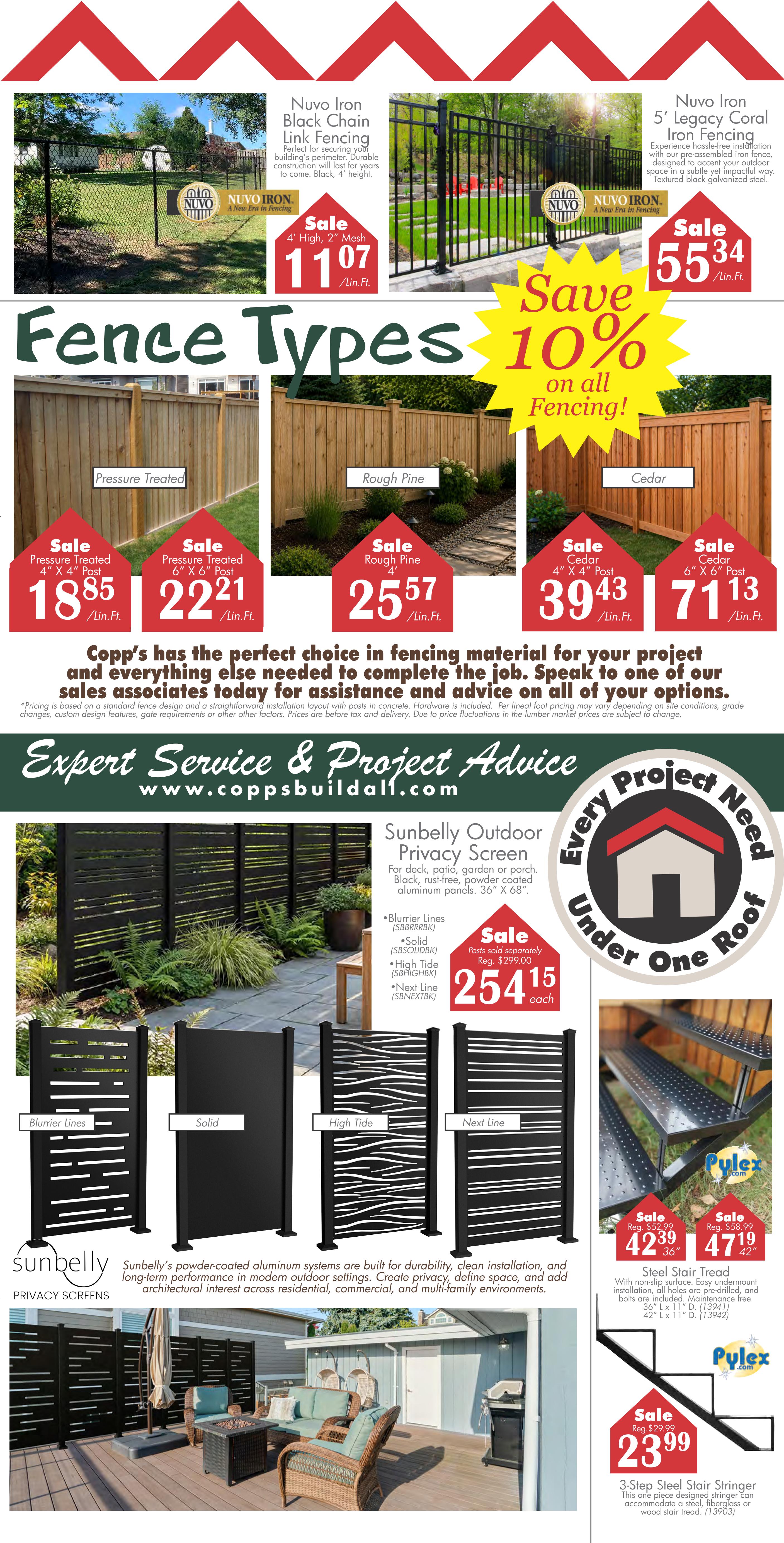 Copp's Buildall flyer specials page 3 features a wide selection of fencing types and privacy screens. Highlighted are Nuvo Iron Black Chain Link Fencing at $11.07/Lin.Ft. and Nuvo Iron 5' Legacy Coral Iron Fencing at $55.34/Lin.Ft. Save 10% on all fencing. Various fence types are on sale: Pressure Treated 4' X 4' Post for $18.85/Lin.Ft., Pressure Treated 6' X 6' Post for $22.21/Lin.Ft., Rough Pine 4' for $25.57/Lin.Ft., Cedar 4' X 4' Post for $39.43/Lin.Ft., and Cedar 6' X 6' Post for $71.13/Lin.Ft. The page also showcases Sunbelly Outdoor Privacy Screens in styles like Blurrier Lines, Solid, High Tide, and Next Line, with the panels on sale for $254.15 each (posts sold separately for $299.00). Additionally, Pullex Steel Stair Tread is available for $42.39 (36' L x 11' D) and $47.19 (42' L x 11' D). A 3-Step Steel Stair Stringer is priced at $23.99. The page includes information on expert service and project advice, with the website www.coppsbuidall.com.