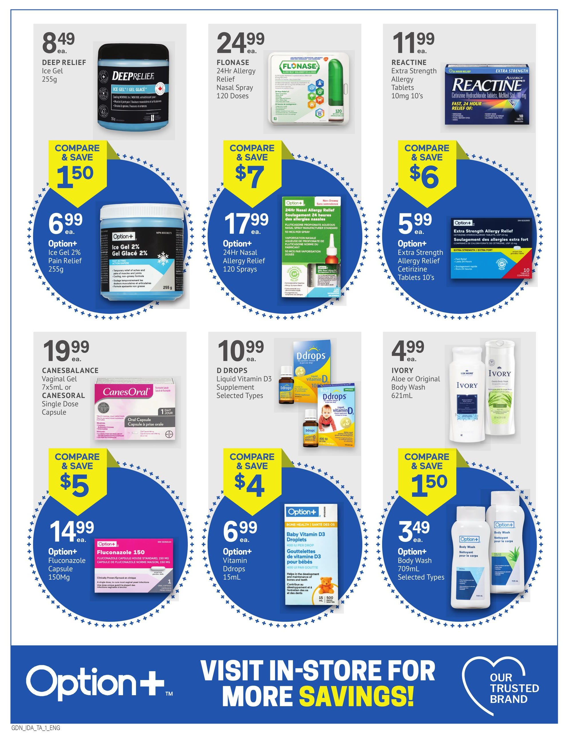 I.D.A. Pharmacy weekly flyer specials page 2. Featured products include Deep Relief Ice Gel 255g for $8.49, with a Compare & Save price of $1.50 and Option+ Ice Gel 2% Pain Relief 255g for $6.99. Flonase 24hr Allergy Relief Nasal Spray 120 Doses is $24.99, with a Compare & Save price of $7 and Option+ 24hr Nasal Allergy Relief 120 Sprays for $17.99. Reactine Extra Strength Allergy Tablets 10mg 10's are $11.99, with a Compare & Save price of $6 and Option+ Extra Strength Allergy Relief Cetirizine Tablets 10's for $5.99. Canesbalance Vaginal Gel 7x5mL or Canesoral Single Dose Capsule is $19.99, with a Compare & Save price of $5. Option+ Fluconazole Capsule 150mg is $14.99. D Drops Liquid Vitamin D3 Supplement Selected Types are $10.99, with a Compare & Save price of $4 and Option+ Baby Vitamin D3 Droplets 15mL for $6.99. Ivory Aloe or Original Body Wash 621mL is $4.99, with a Compare & Save price of $1.50 and Option+ Body Wash 709mL Selected Types for $3.49. The bottom banner reads 'Option+ Visit In-Store For More Savings! Our Trusted Brand'.