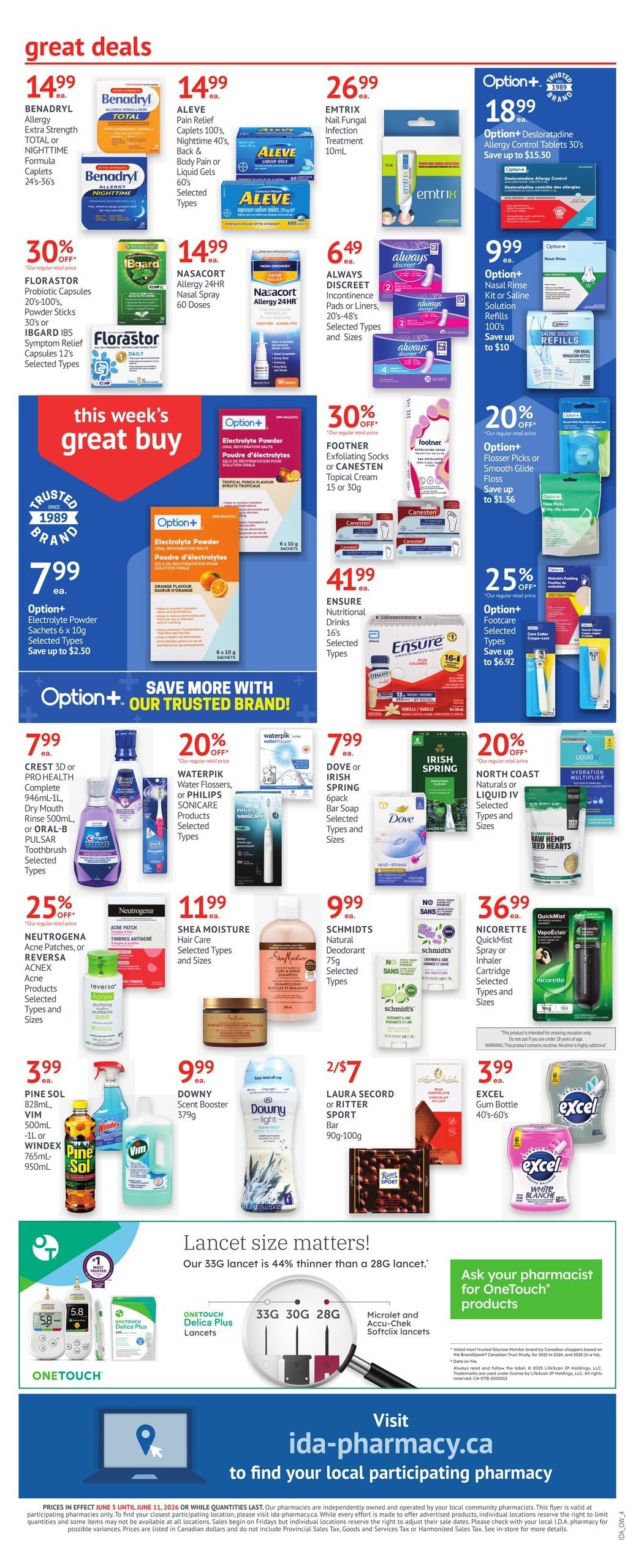 I.D.A. Pharmacy weekly flyer specials page 7. Great deals include Benadryl Allergy Extra Strength or Nighttime caplets for $14.99, Aleve Pain Relief caplets or liquid gels for $14.99, and Emtrix Nail Fungal Infection Treatment for $26.99. Save 30% on Florastor Probiotic Capsules or Ibgard IBS Symptom Relief Capsules. Nasacort Allergy 24HR Nasal Spray is $14.99. Always Discreet Incontinence Pads or Liners are $6.49. Option+ Desloratadine Allergy Control Tablets are $18.99, and Option+ Nasal Rinse Kit or Saline Solution Refills are $9.99. This week's great buy features Option+ Electrolyte Powder Sachets 6 x 10g for $7.99, saving up to $2.50. Save more with Option+! Crest 3D or Pro Health Complete Mouthwash or Oral-B Pulsar Toothbrush selected types are $7.99. Waterpik Water Flossers or Philips Sonicare Products selected types are on sale for $7.99. Dove or Irish Spring bar soap 6-pack is $7.99. North Coast Naturals or Liquid IV selected types are 20% off. Save 25% on Neutrogena Acne Patches or Reversa Acnex Acne Products selected types and sizes. Shea Moisture Hair Care selected types and sizes are $11.99. Schmidts Natural Deodorant 75g selected types are $9.99. Nicorette QuickMist Spray or Inhaler Cartridge selected types and sizes are $36.99. Pine Sol 828mL, Vim 500mL, or Windex 765mL-950mL are $3.99. Downy Scent Booster 379g is $9.99. Laura Secord or Ritter Sport Bar 90g-100g is 2 for $7. Excel Gum Bottle 40's-60's are $3.99. The page also highlights that Lancet size matters, with 33G lancets being 44% thinner than 28G lancets, and features OneTouch Delica Plus Lancets and Microlet and Accu-Chek Softclix lancets. Ask your pharmacist for OneTouch products. Visit ida-pharmacy.ca to find your local participating pharmacy.