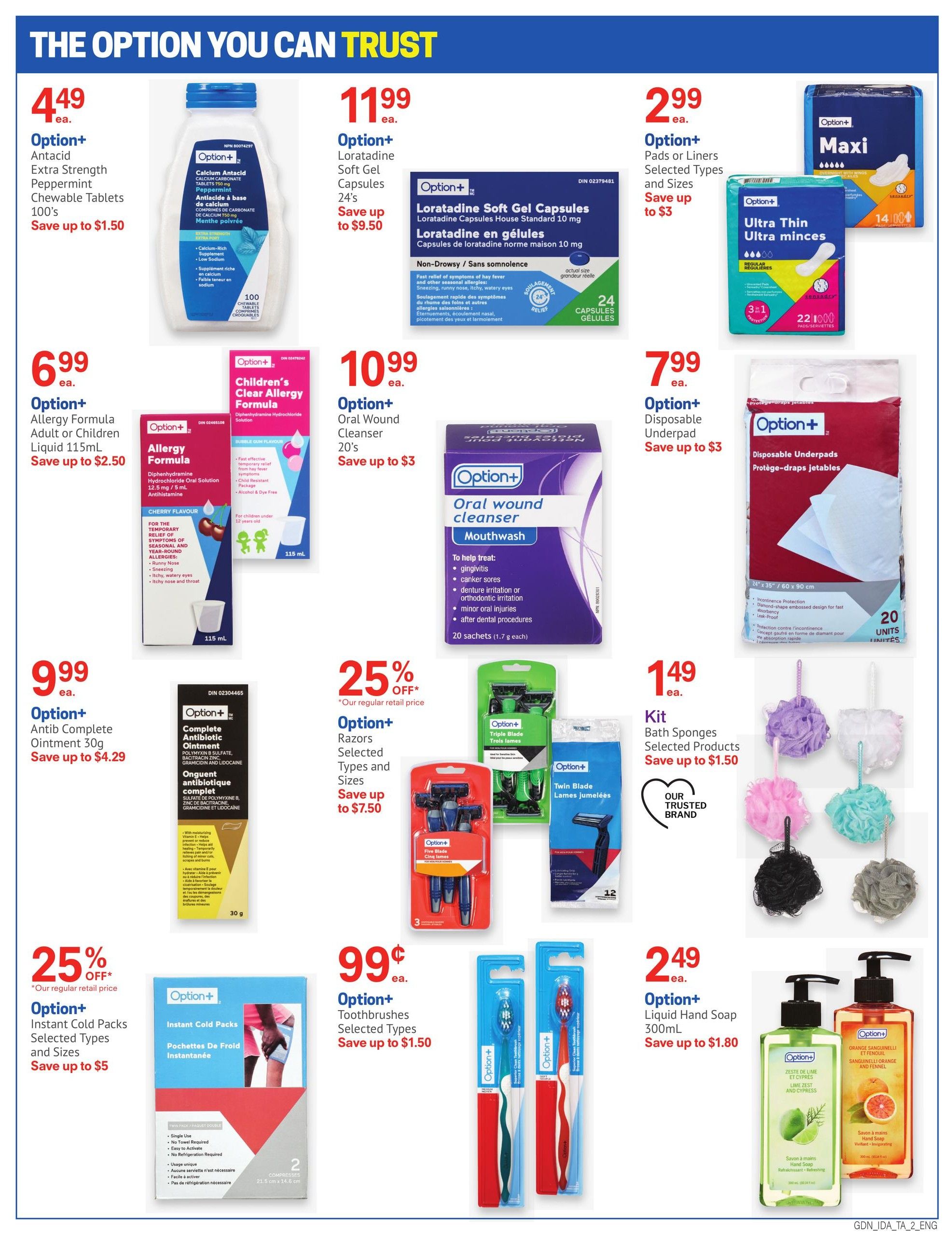 Guardian Pharmacy weekly flyer specials, Page 3. Featured products include Option+ Antacid Extra Strength Peppermint Chewable Tablets 100's for $4.49, saving up to $1.50. Option+ Loratadine Soft Gel Capsules 24's for $11.99, saving up to $9.50. Option+ Pads or Liners, selected types and sizes, for $2.99, saving up to $3. Option+ Allergy Formula Adult or Children Liquid 115mL for $6.99, saving up to $2.50. Option+ Children's Clear Allergy Formula for $10.99. Option+ Oral Wound Cleanser 20's for $10.99, saving up to $3. Option+ Disposable Underpads for $7.99, saving up to $3. Option+ Antib Complete Ointment 30g for $9.99, saving up to $4.29. Option+ Razors, selected types and sizes, 25% off, saving up to $7.50. Kit Bath Sponges, selected products, for $1.49, saving up to $1.50. Option+ Instant Cold Packs, selected types and sizes, 25% off, saving up to $5. Option+ Toothbrushes, selected types, for $0.99, saving up to $1.50. Option+ Liquid Hand Soap 300mL for $2.49, saving up to $1.80. Also shown are Option+ Ultra Thin Ultra Minces pads and Option+ Twin Blade razors.
