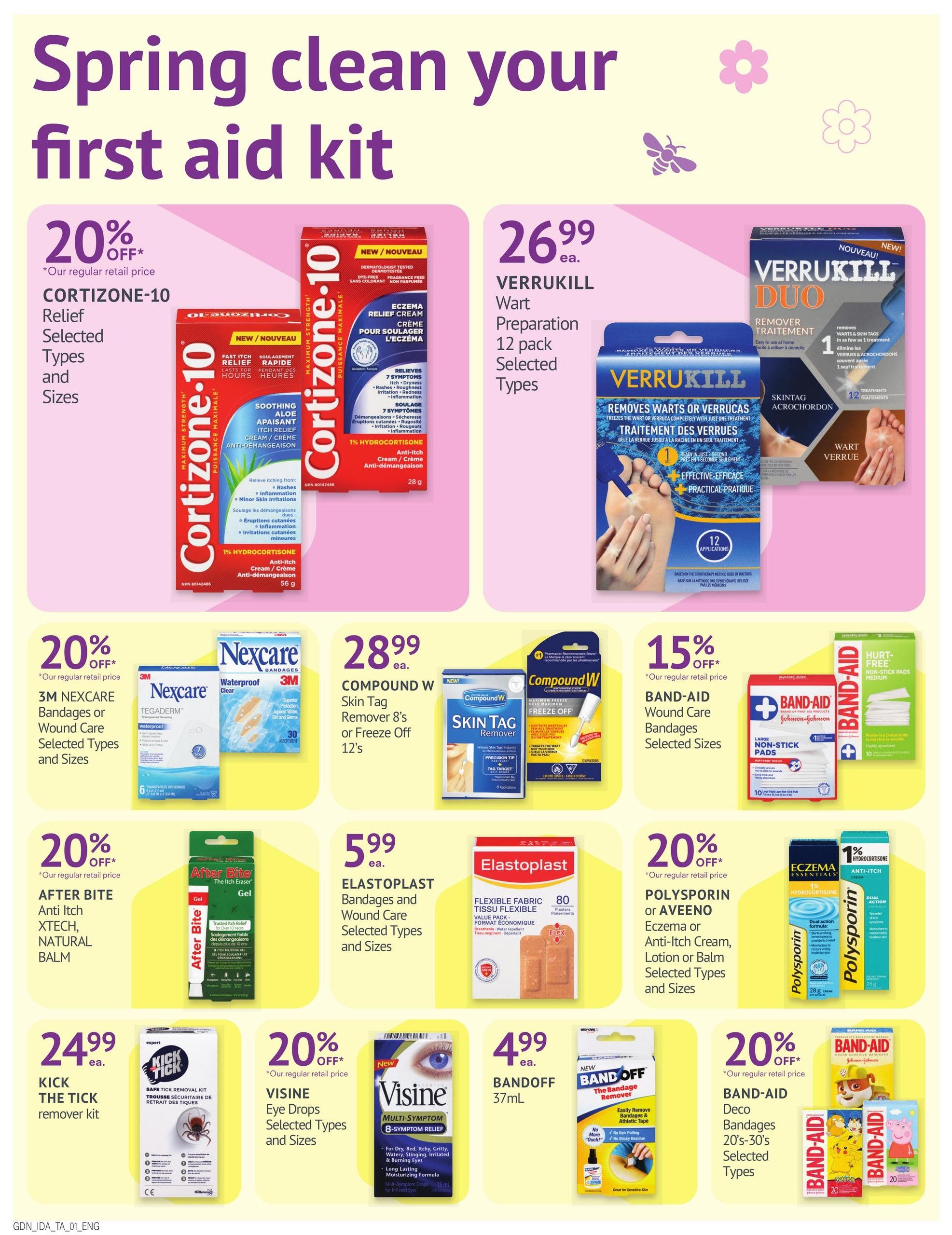 Guardian Pharmacy flyer page 5 features a 'Spring clean your first aid kit' theme. Offers include 20% off Cortizone-10 relief products in selected types and sizes. Verrukill Wart Preparation 12 pack is $26.99. 3M Nexcare Bandages or Wound Care are 20% off. Compound W Skin Tag Remover 8's or Freeze Off 12's are $28.99. Band-Aid Wound Care Bandages are 15% off. After Bite Anti Itch Xtech Natural Balm is 20% off. Elastoplast Bandages and Wound Care are $5.99. Polysporin or Aveeno Eczema or Anti-Itch Cream, Lotion or Balm are 20% off. Kick the Tick Remover Kit is $24.99. Visine Eye Drops are 20% off. Bandoff 37mL is $4.99. Band-Aid Deco Bandages 20's-30's are 20% off.