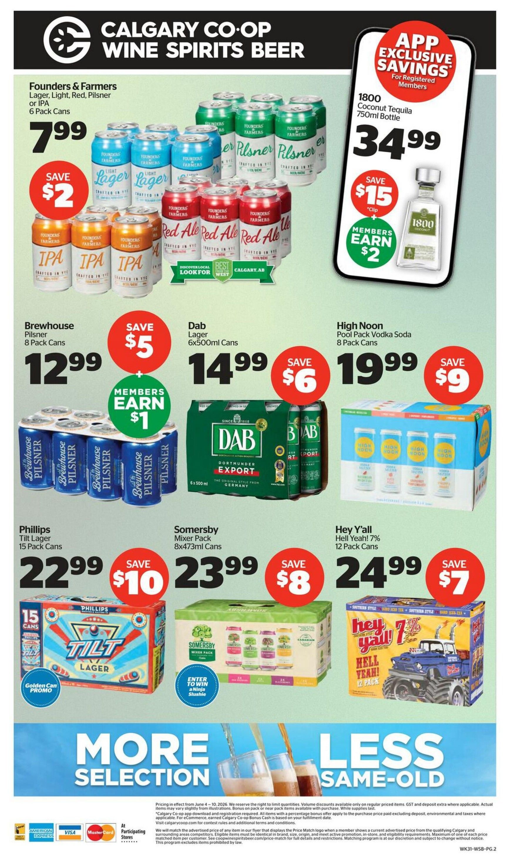 Calgary Co-op Wine Spirits Beer flyer, page 2. Featured products include Founders & Farmers Lager, Light, Red, Pilsner or IPA 6 Pack Cans for $7.99, save $2. 1800 Coconut Tequila 750ml Bottle for $34.99, save $15, members earn $2. Brewhouse Pilsner 8 Pack Cans for $12.99, save $5, members earn $1. Dab Lager 6x500ml Cans for $14.99, save $6. High Noon Pool Pack Vodka Soda 8 Pack Cans for $19.99, save $9. Phillips Tilt Lager 15 Pack Cans for $22.99, save $10. Somersby Mixer Pack 8x473ml Cans for $23.99, save $8. Hey Y'all Hell Yeah! 7% 12 Pack Cans for $24.99, save $7. Also features a 'Golden Can Promo' on Phillips Tilt Lager and an 'Enter to Win a Ninja Slushie' contest for Somersby Mixer Pack. The page highlights 'More Selection' and 'Less Same-Old' with images of beer and cocktails.