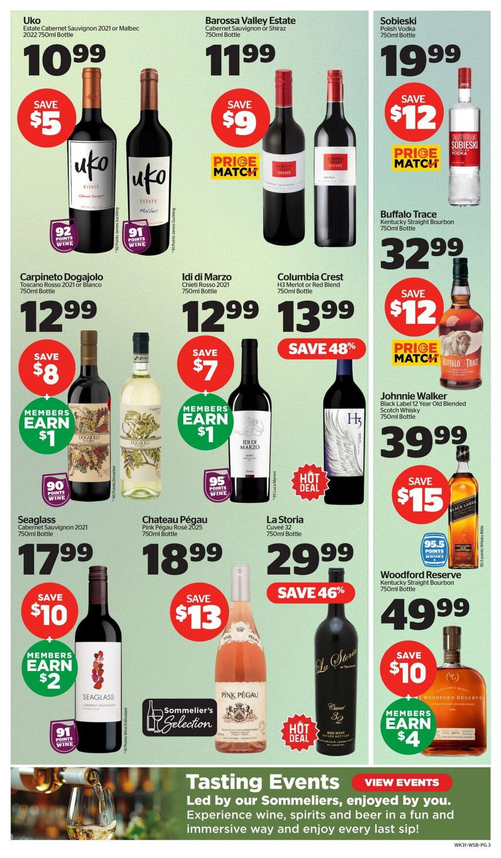 Calgary Co-op Wine Spirits Beer flyer, page 3. Featured products include Uko Estate Cabernet Sauvignon 2021 or Malbec 2022 for $10.99, save $5. Barossa Valley Estate Cabernet Sauvignon or Shiraz 750ml bottle for $11.99, save $9, with price match. Sobieski Polish Vodka 750ml bottle for $19.99, save $12, with price match. Buffalo Trace Kentucky Straight Bourbon 750ml bottle for $32.99, save $12, with price match. Carpineto Dogajolo Toscano Rosso 2021 or Blanco 750ml bottle for $12.99, save $8, members earn $1. IDi di Marzo Chietti Rosso 2021 750ml bottle for $12.99, save $7, members earn $1, 95 points Wine. Columbia Crest H3 Merlot or Red Blend 750ml bottle for $13.99, save 48%. La Storia Cuvée 32 750ml bottle for $29.99, save 46%. Johnnie Walker Black Label 12 Year Old Blended Scotch Whisky 750ml bottle for $39.99, save $15. Woodford Reserve Kentucky Straight Bourbon 750ml bottle for $49.99, save $10, members earn $4. Also featured are Seaglass Cabernet Sauvignon 2021 750ml bottle for $17.99, save $10, members earn $2, 91 points Wine. Chateau Pégau Pink Pégau Rosé 2025 750ml bottle for $18.99, save $13. A tasting events section invites customers to 'Led by our Sommeliers, enjoyed by you. Experience wine, spirits and beer in a fun and immersive way and enjoy every last sip!' with a 'View Events' button.