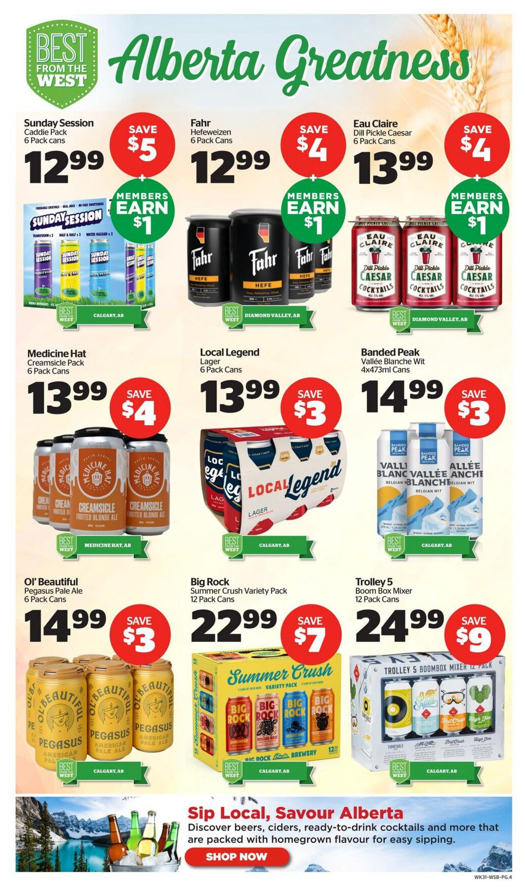 Calgary Co-op Wine Spirits Beer flyer, page 4. Featured products include Sunday Session Caddie Pack 6 pack cans for $12.99 with a $5 saving and members earn $1. Fahr Hefeweizen 6 pack cans are $12.99 with a $4 saving and members earn $1. Eau Claire Dill Pickle Caesar 6 pack cans are $13.99 with a $4 saving and members earn $1. Medicine Hat Creamsicle Pack 6 pack cans are $13.99 with a $4 saving. Local Legend Lager 6 pack cans are $13.99 with a $3 saving. Banded Peak Vallée Blanche Wit 4x473ml cans are $14.99 with a $3 saving. Ol' Beautiful Pegasus Pale Ale 6 pack cans are $14.99 with a $3 saving. Big Rock Summer Crush Variety Pack 12 pack cans are $22.99 with a $7 saving. Trolley 5 Boom Box Mixer 12 pack cans are $24.99 with a $9 saving. The page also features a 'Sip Local, Savour Alberta' section promoting local beers, ciders, and ready-to-drink cocktails with a 'Shop Now' button.