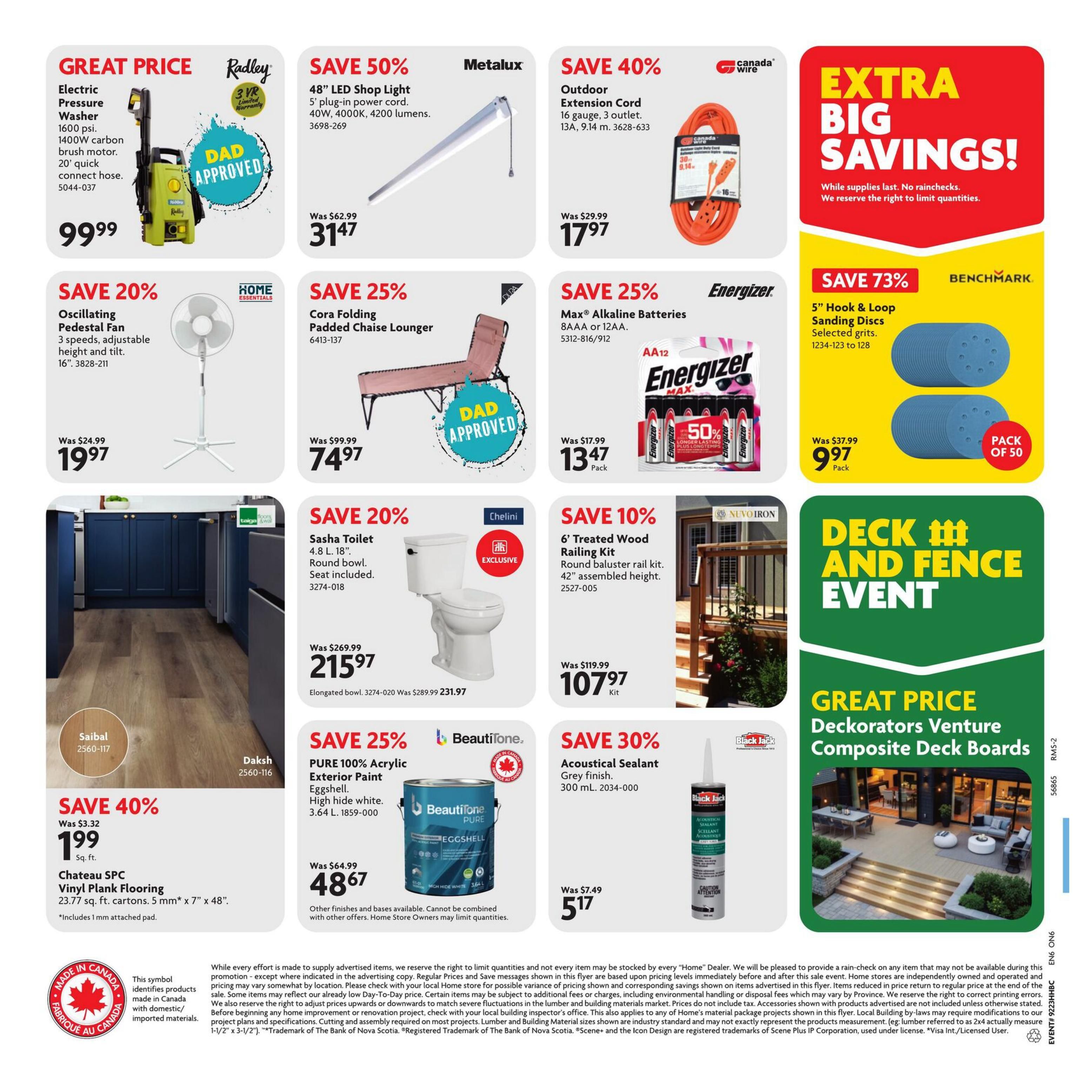 Home Hardware flyer page 2 features a 'Great Price' on an Electric Pressure Washer for $99.99, with 1600 psi and a 1400W carbon brush motor. Save 50% on a Metalux 48' LED Shop Light with a 5' power cord for $31.47, originally $62.99. Save 40% on a Canada Wire Outdoor Extension Cord, 13A, 9.14 m, for $17.97, down from $29.99. Save 20% on an Oscillating Pedestal Fan with 3 speeds for $19.97. Save 25% on Cora Folding Padded Chaise Lounger for $74.97. Energizer Max Alkaline Batteries (8AAA or 12AA) are 25% off, priced at $13.47 per pack. Benchmark 5' Hook & Loop Sanding Discs are 73% off, selling for $9.97 for a pack of 50. Save 20% on Sasha Toilet, 4.8 L, with round bowl and seat included, for $215.97, down from $289.99. Save 10% on a NuvoIron 6' Treated Wood Railing Kit for $107.97. Save 25% on BeautiTone Pure 100% Acrylic Exterior Paint in high hide white, 3.64 L, for $48.67. Save 30% on Black Jack Acoustical Sealant in grey finish, 300 mL, for $5.17, down from $7.49. Also featured is a 'Deck and Fence Event' with Great Price Deckorators Venture Composite Deck Boards. The page also shows Chateau SPC Vinyl Plank Flooring at $1.99 per sq. ft., with dimensions 5 mm x 7' x 48', and includes 1 mm attached pad. The 'Made in Canada' symbol is displayed.