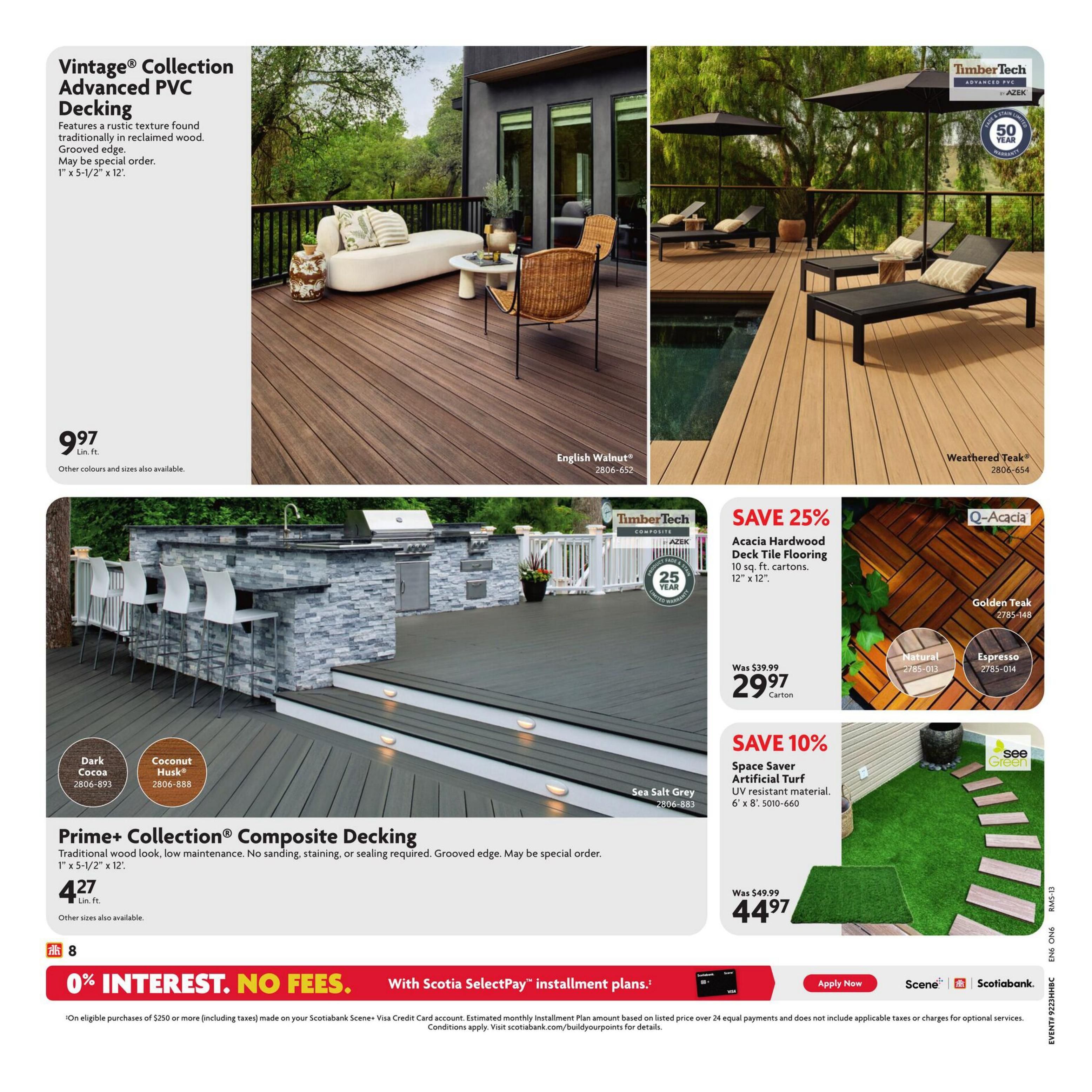 Home Hardware Ontario flyer page 9 features Vintage Collection Advanced PVC Decking in English Walnut, priced at $9.97 per linear foot, with other colours and sizes available. It also showcases TimberTech Advanced PVC decking with a 50-year limited warranty. Prime+ Collection Composite Decking in Sea Salt Grey is available for $4.27 per linear foot, with Dark Cocoa and Coconut Husk colours also shown. Additionally, save 25% on Acacia Hardwood Deck Tile Flooring (10 sq. ft. cartons, 12' x 12') for $29.97 per carton, originally $39.99, in Golden Teak, Natural, and Espresso. Save 10% on Space Saver Artificial Turf (6' x 8') for $44.97, originally $49.99. The page also highlights 0% interest, no fees with Scotiabank SelectPay installment plans on eligible purchases of $250 or more.