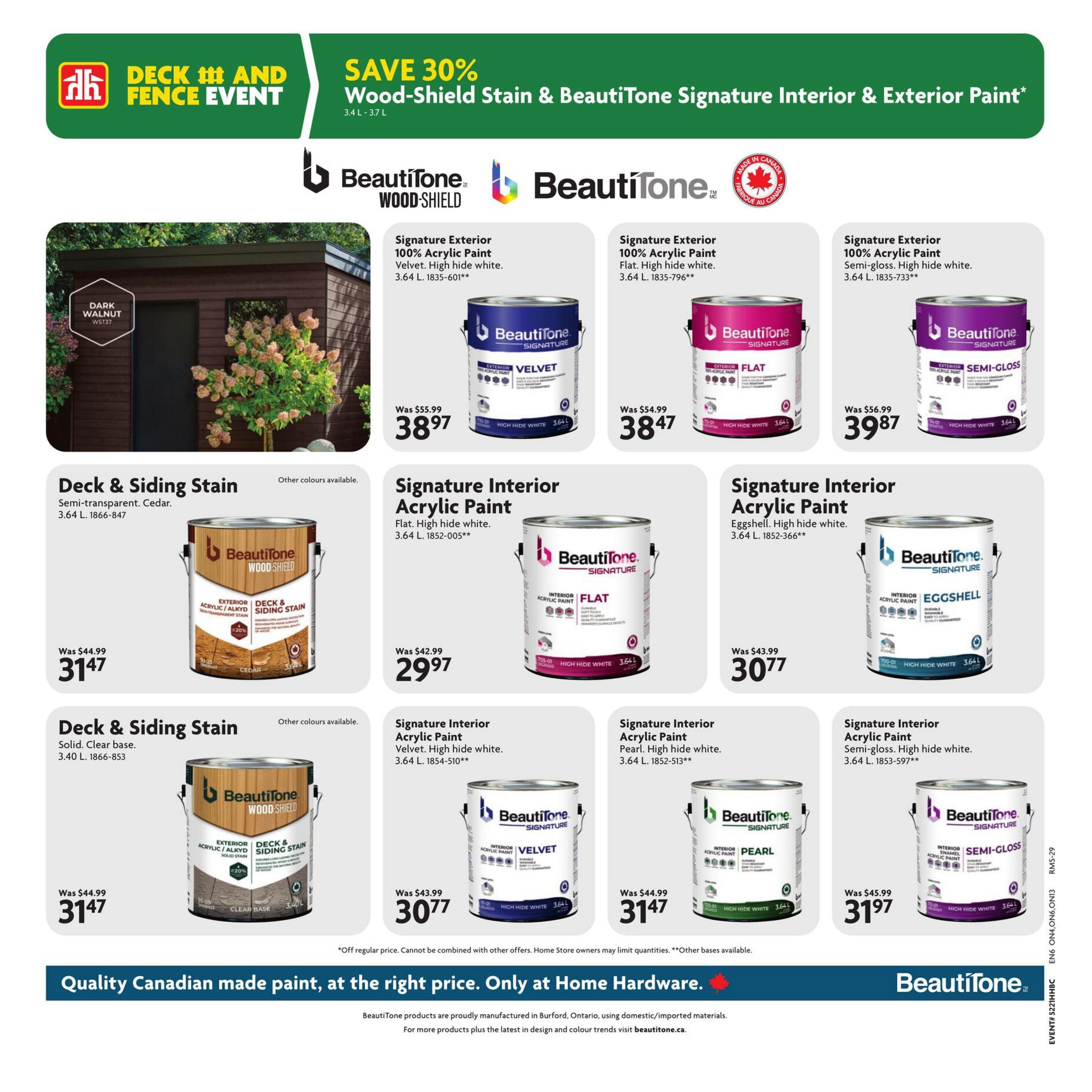 Home Hardware flyer page 18 features the Deck and Fence Event with savings up to 30% on Wood-Shield Stain and BeautiTone Signature Interior & Exterior Paint. Featured products include BeautiTone Signature Exterior 100% Acrylic Paint in Velvet, Flat, and Semi-Gloss finishes, all for $38.97 (was $55.99 or $54.99). Also available is BeautiTone Signature Interior Acrylic Paint in Flat for $29.97 (was $42.99), Eggshell for $30.77 (was $43.99), Pearl for $31.47 (was $44.99), and Semi-Gloss for $31.97 (was $45.99). Deck & Siding Stain in Semi-transparent Cedar is on sale for $31.47 (was $44.99) and includes a 20% off indication. Another Deck & Siding Stain in Solid Clear base is also $31.47 (was $44.99). All paints are 3.64 L and stains are 3.40 L. The flyer highlights that BeautiTone products are Canadian-made.