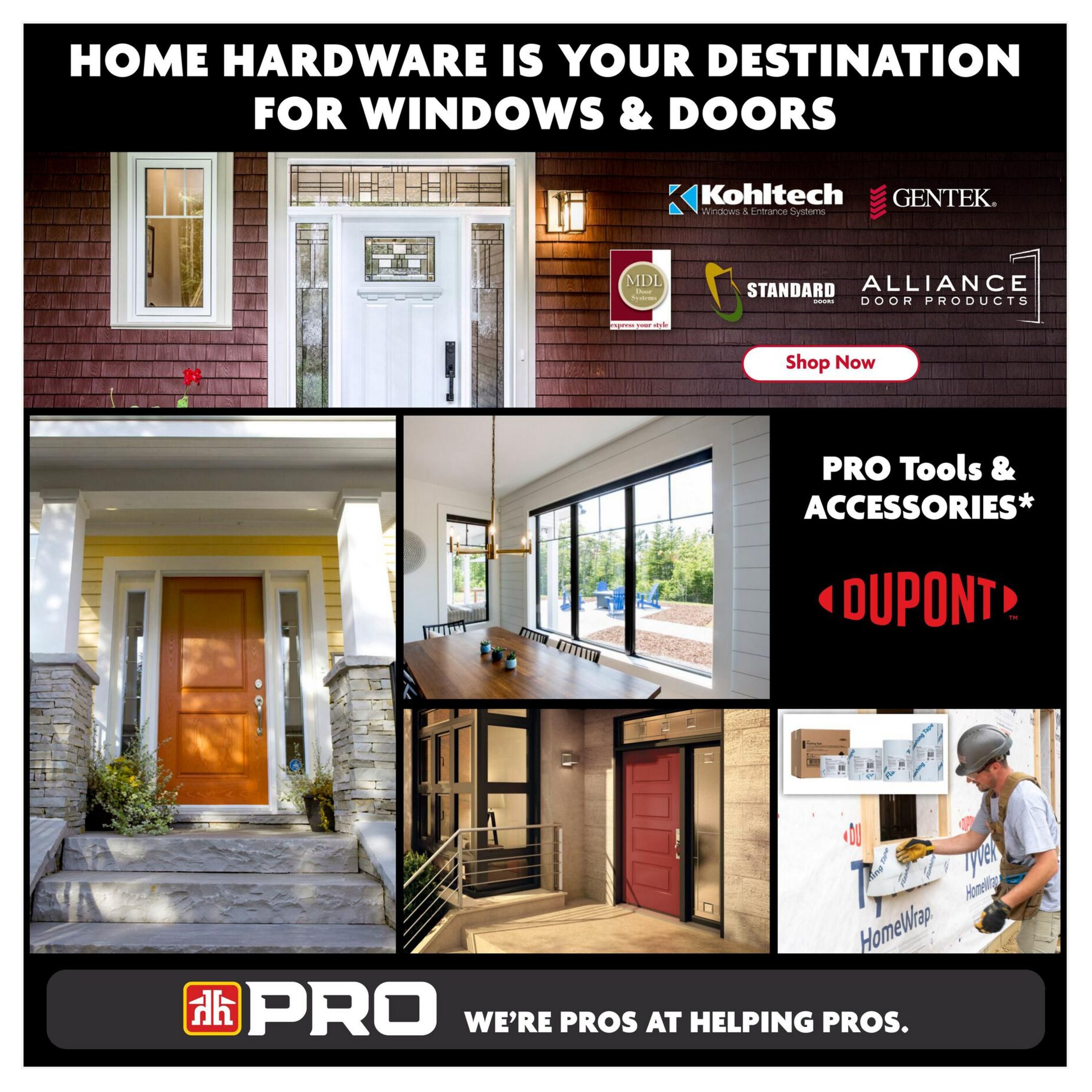 Home Hardware flyer page 29, showcasing a wide selection of windows and doors. Features images of various exterior and interior door styles, including a modern orange front door with stone accents, a sleek black-framed dining room window overlooking a backyard, and a contemporary red entry door. The page highlights brands such as Kohltech, Gentek, MDL Door Systems, Standard Doors, and Alliance Door Products, with a 'Shop Now' button. It also promotes 'PRO Tools & Accessories' from Dupont, and features a construction scene with a worker installing HomeWrap, Tyvek, and flashing tape. The bottom of the page displays the 'PRO' logo and the tagline 'We're Pros at Helping Pros.