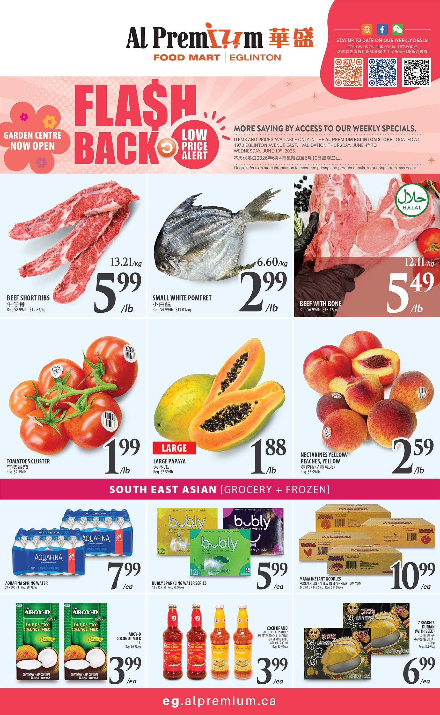 Al Premium Food Mart Eglinton weekly flyer specials. Page 1 features a 'Flash Back Low Price Alert' section. Fresh produce and meat specials include Beef Short Ribs for $5.99/lb, Small White Pomfret for $2.99/lb, Beef with Bone for $5.49/lb, Tomatoes Cluster for $1.99/lb, Large Papaya for $1.88/lb, and Nectarines Yellow/Peaches for $2.59/lb. The South East Asian Grocery + Frozen section includes Aquafina Spring Water 24x500ml for $7.99/ea, Bubly Sparkling Water Series 12x355ml for $5.99/ea, Mama Instant Noodles Pork/Chicken/Stew Beef/Shrimp Tom Yum 24x60g/24x55g for $10.99/ea. Also featured are Aroy-D Coconut Milk 2x1L for $3.99/ea, Cock Brand Sweet Chili Sauce/Sweetened Light Soy Sauce for Spring Roll 650ml/700ml for $3.99/ea, and 7 Baskets Durian (with seed) for $6.99/ea. The flyer is valid from June 4th to June 10th, 2026.