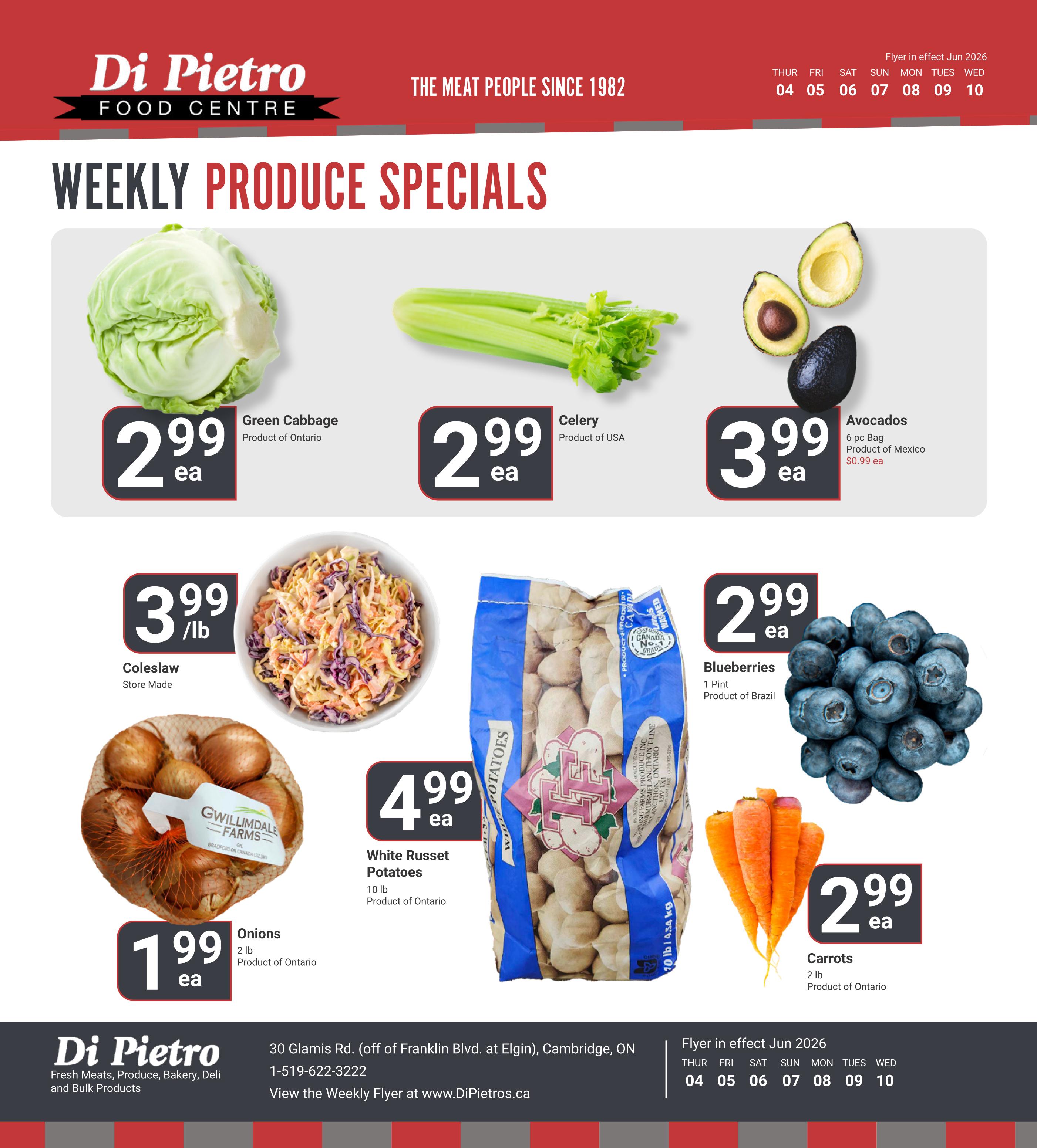 Di Pietro Food Centre weekly produce specials flyer, page 5. Featured items include Green Cabbage for $2.99 each, Celery from the USA for $2.99 each, and a 6 pc bag of Avocados from Mexico for $3.99, which is $0.99 each. Also available is Coleslaw, store made, for $3.99 per lb. White Russet Potatoes, 10 lb bag, product of Ontario, are $4.99 each. Onions, 2 lb bag, product of Ontario, are $1.99 each. Blueberries, 1 pint, product of Brazil, are $2.99 each. Carrots, 2 lb bag, product of Ontario, are $2.99 each. The flyer is in effect from June 4th to June 10th, 2026.