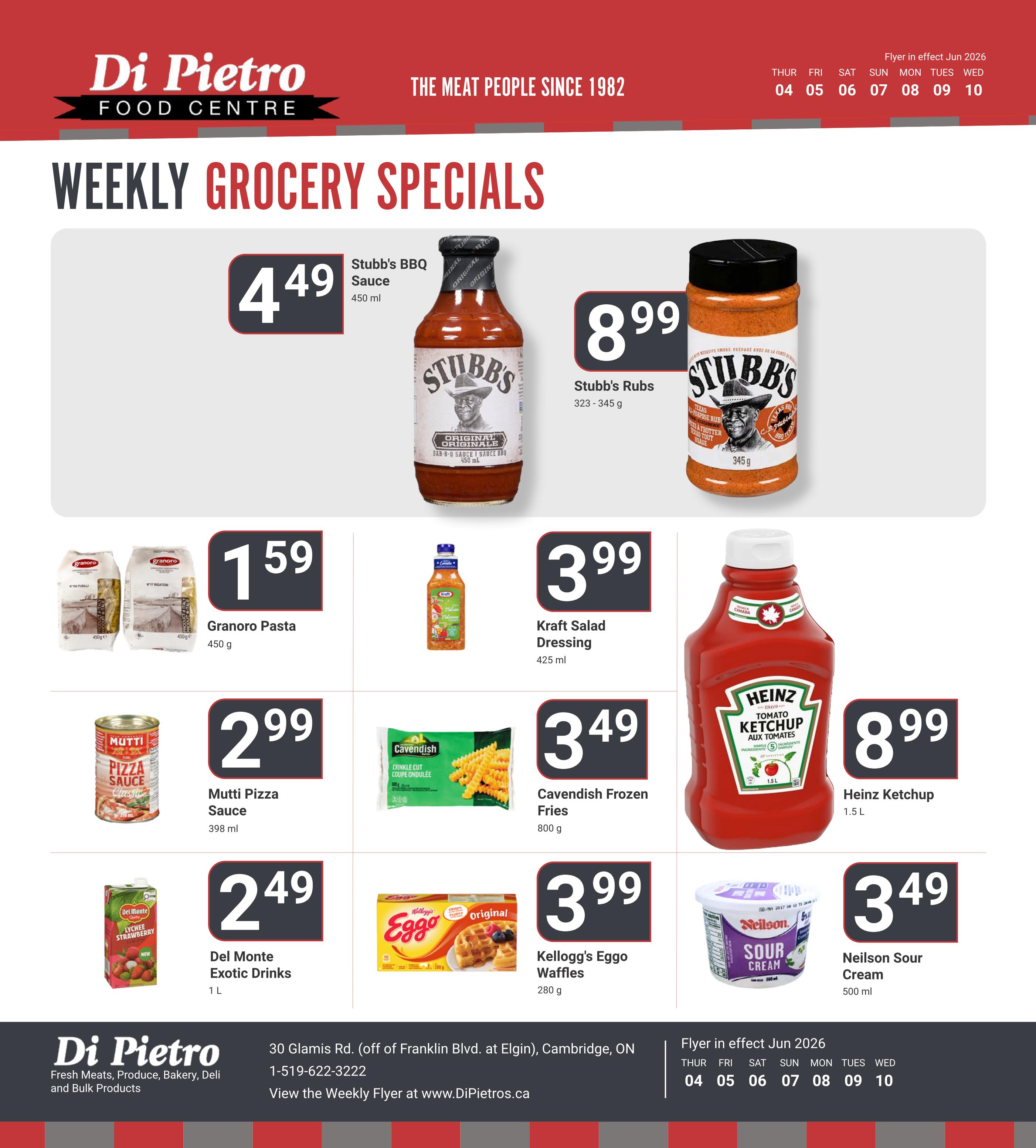 Di Pietro Food Centre weekly grocery specials flyer for June 4-10, 2026. Featured items include Stubbs BBQ Sauce for $4.49 (450 ml), Stubbs Rubs for $8.99 (323-345 g), Granoro Pasta for $1.59 (450 g), Kraft Salad Dressing for $3.99 (425 ml), Mutti Pizza Sauce for $2.99 (398 ml), Cavendish Frozen Fries for $3.49 (800 g), Del Monte Exotic Drinks (Lychee Strawberry) for $2.49 (1 L), Kellogg's Eggo Waffles for $3.99 (280 g), Heinz Ketchup for $8.99 (1.5 L), and Neilson Sour Cream for $3.49 (500 ml).
