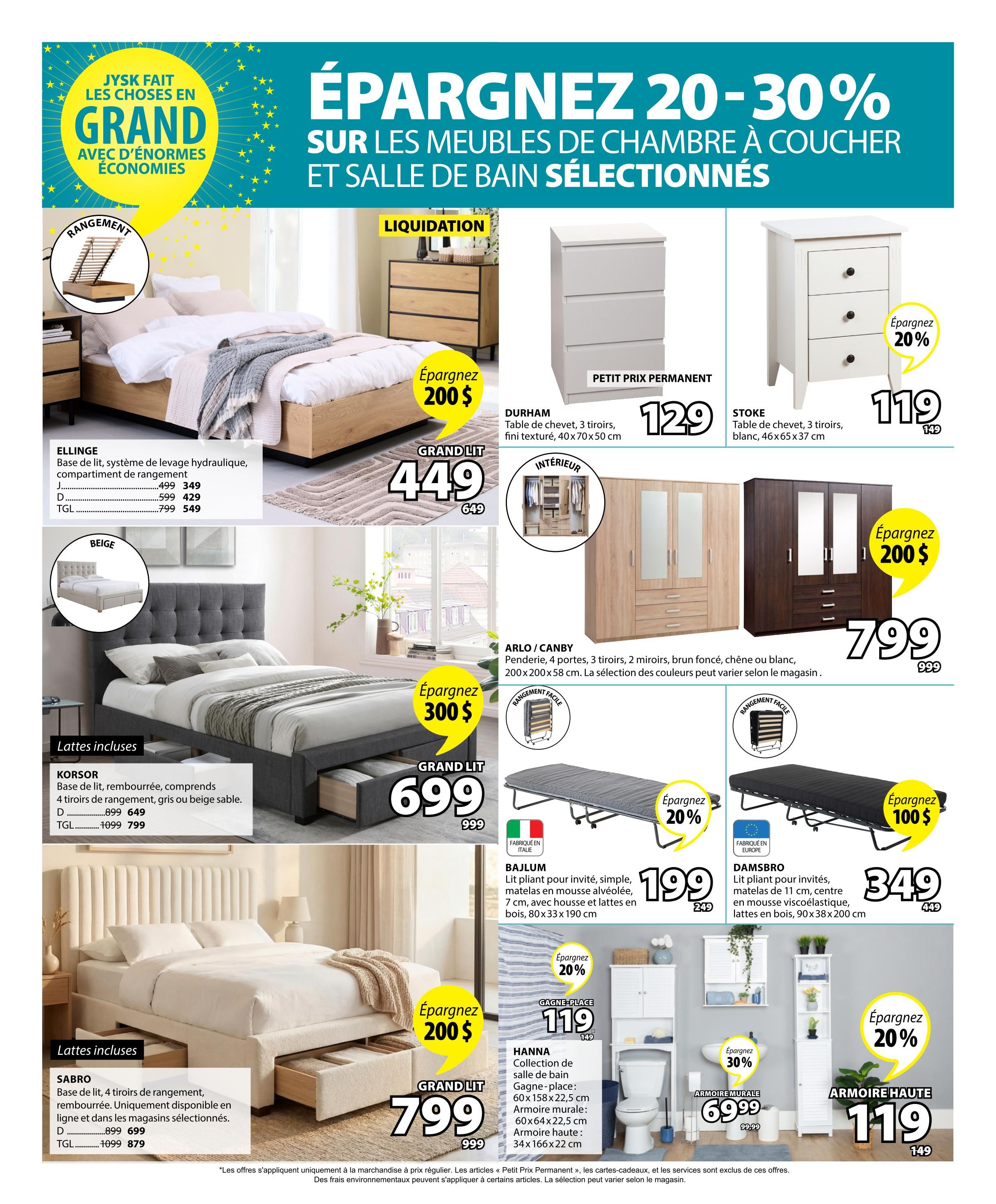 Jysk weekly flyer specials page 8 features savings of 20-30% on bedroom and bathroom furniture. Featured items include the ELLINAGE bed frame with hydraulic lift for $449 (regularly $649), the KORSOR upholstered bed frame in grey or beige with 4 storage drawers for $699 (regularly $999), and the SABRO bed frame with 4 storage drawers for $799 (regularly $999). Also available are the DURHAM 3-drawer nightstand for $129 and the STOKE 3-drawer nightstand for $119 (save 20%). The ARLO/CANBY wardrobe with 4 doors, 3 drawers, and 2 mirrors is available in dark brown, oak, or white for $799 (save $200). Liquidation items include a 3-drawer dresser for $129. Foldable beds are on sale: the BAJLUM foldable bed for $199 (save 20%) and the DAMSBRO foldable bed for $349 (save $100). Bathroom organization solutions include the HANNA collection, with a space saver for $119 (save 20%), a wall cabinet for $69.99 (save 30%), and a tall cabinet for $119 (save 20%).