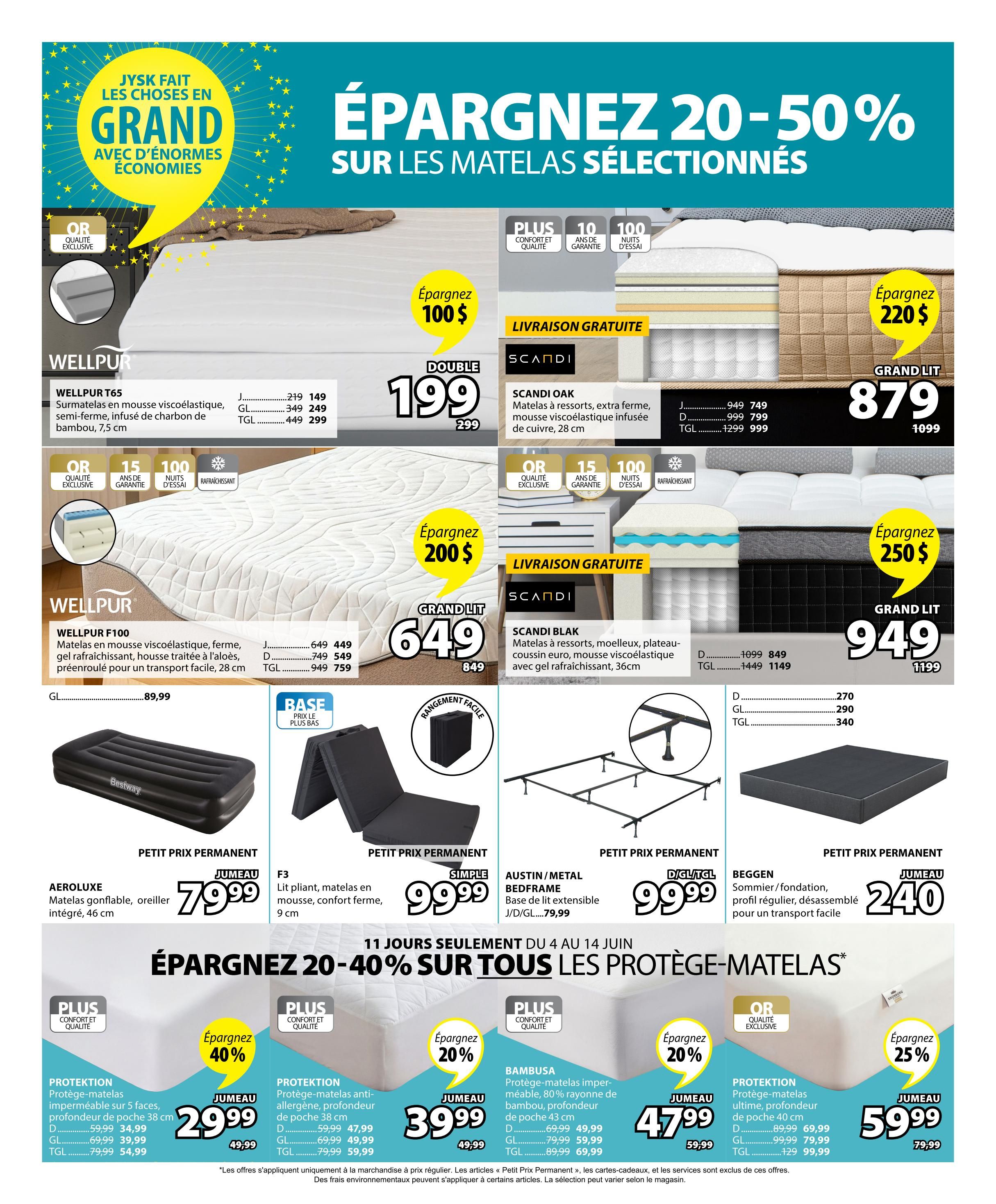 Jysk weekly flyer specials page 11 features savings of 20-50% on select mattresses. Featured Wellpur T65 semi-firm mattresses infused with bamboo charcoal are on sale for $199 (regularly $299), saving $100. Scandi Oak mattresses with extra firm pocket springs and viscoelastic foam infused with copper are available for $879 (regularly $1099), saving $220. Wellpur F100 mattresses with cooling gel are $649 (regularly $849), saving $200. Scandi Blak mattresses with pocket springs and cooling gel foam are $949 (regularly $1199), saving $250. Also available are the Aeroluxe inflatable mattress with integrated headrest for $79.99, the F3 folding foam mattress for $99.99, the Austin/Metal extendable bed frame for $99.99, and the Beggen adjustable bed base for $240. The flyer also highlights 20-40% savings on mattress protectors: the 'Protection' mattress protector is 40% off for $29.99 (regularly $49.99), the 'Protection' anti-allergen mattress protector is 20% off for $39.99 (regularly $59.99), the 'Bambusa' mattress protector made with 80% rayon from bamboo is 20% off for $47.99 (regularly $59.99), and the 'Protection' mattress protector with a 40cm pocket depth is 25% off for $59.99 (regularly $79.99).