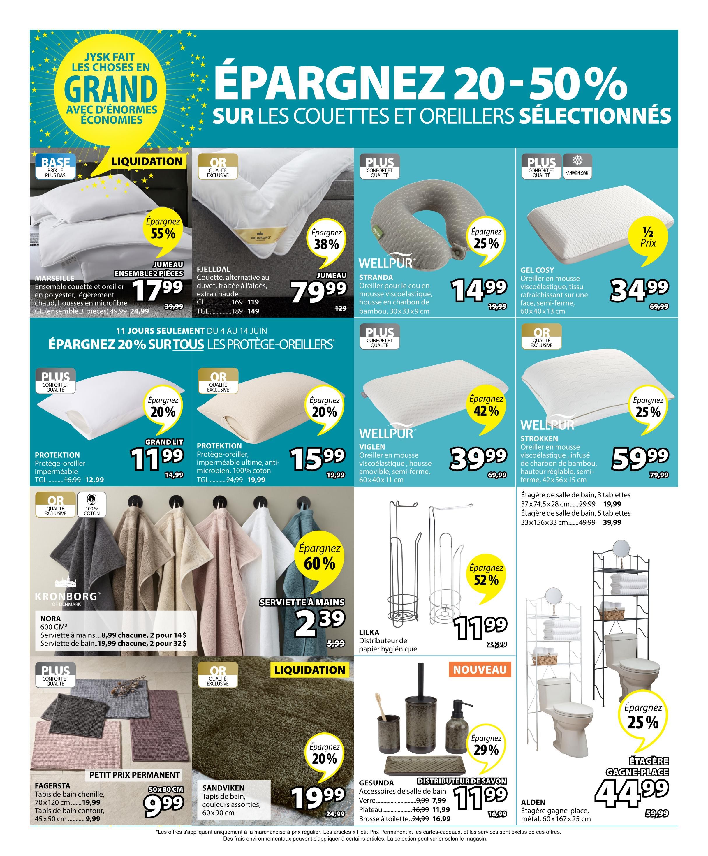 Jysk weekly flyer specials page 13 features savings of 20-50% on selected duvets and pillows. Featured items include the Marseille duvet and pillow ensemble for $17.99 (save 55%), Fjell dal duvet for $79.99 (save 38%), Wellpur Stranda neck pillow for $14.99 (save 25%), and Gel Cosy pillow for $34.99 (save 1/2 price). Also on sale are Protektion pillow protectors for $11.99 (save 20%) and $15.99 (save 20%). Kronborg 600 GM towels are 2 for $14, and bath sheets are $19.99 each, 2 for $32. Fagersta chenille bath mats are $19.99 for the 70x120 cm size and $9.99 for the 45x50 cm contour bath mat. Sandviken bath mats in assorted colours are $19.99. Lilka toilet paper dispensers are $11.99 (save 52%). Gesunda bathroom accessories, including a glass, tray, and soap dispenser, are $11.99 (save 29%). Alden metal shelf units are $44.99 (save 25%).