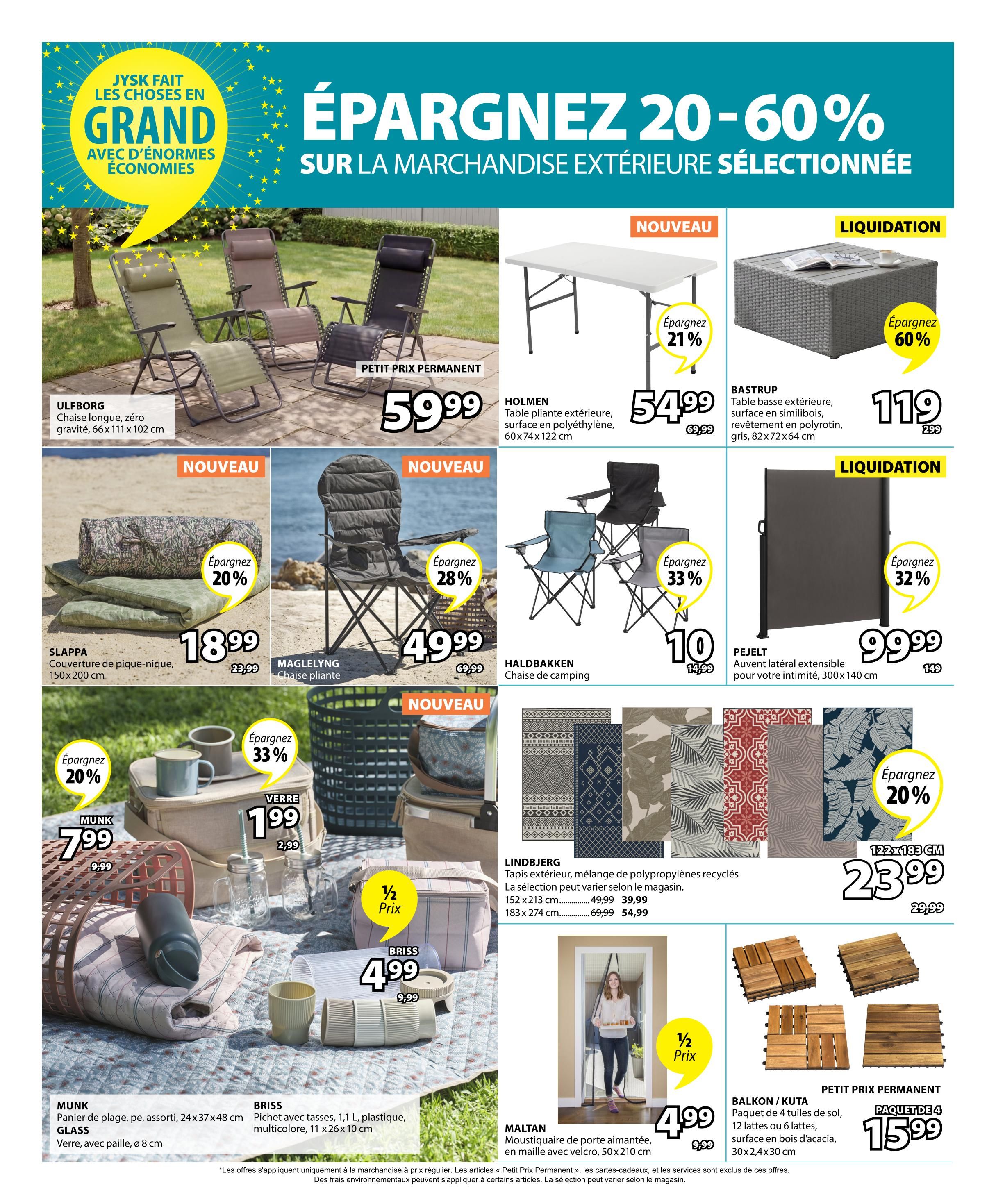 Jysk flyer page 15 features savings of 20-60% on selected outdoor merchandise. Featured items include the ULFBORG zero gravity lounge chair for $59.99, the HOLMEN folding outdoor table made of polyethylene for $54.99 (save 21%), and the BASTRUP outdoor coffee table with a polyrattan finish for $119 (save 60%). Also available are the SLAPPA picnic blanket for $18.99 (save 20%), the MAGLELYNG folding chair for $49.99 (save 28%), and the HALDBAKKEN camping chair for $10 (save 33%). The MUNK beach bag is $7.99, and the GLASS mug with straw is $1.99 (save 33%). The BRISS plastic pitcher with cups is $4.99 (half price). Outdoor rugs from LINDJBERRG are available in two sizes: 152x213 cm for $39.99 (save 20%) and 183x274 cm for $54.99 (save 20%). The PEJELT extendable lateral awning is $99.99 (save 32%). The MALTAN magnetic mosquito net for doors is $4.99 (half price). Finally, the BALKON/KUTA 4-pack of wooden deck tiles with acacia surface is $15.99.