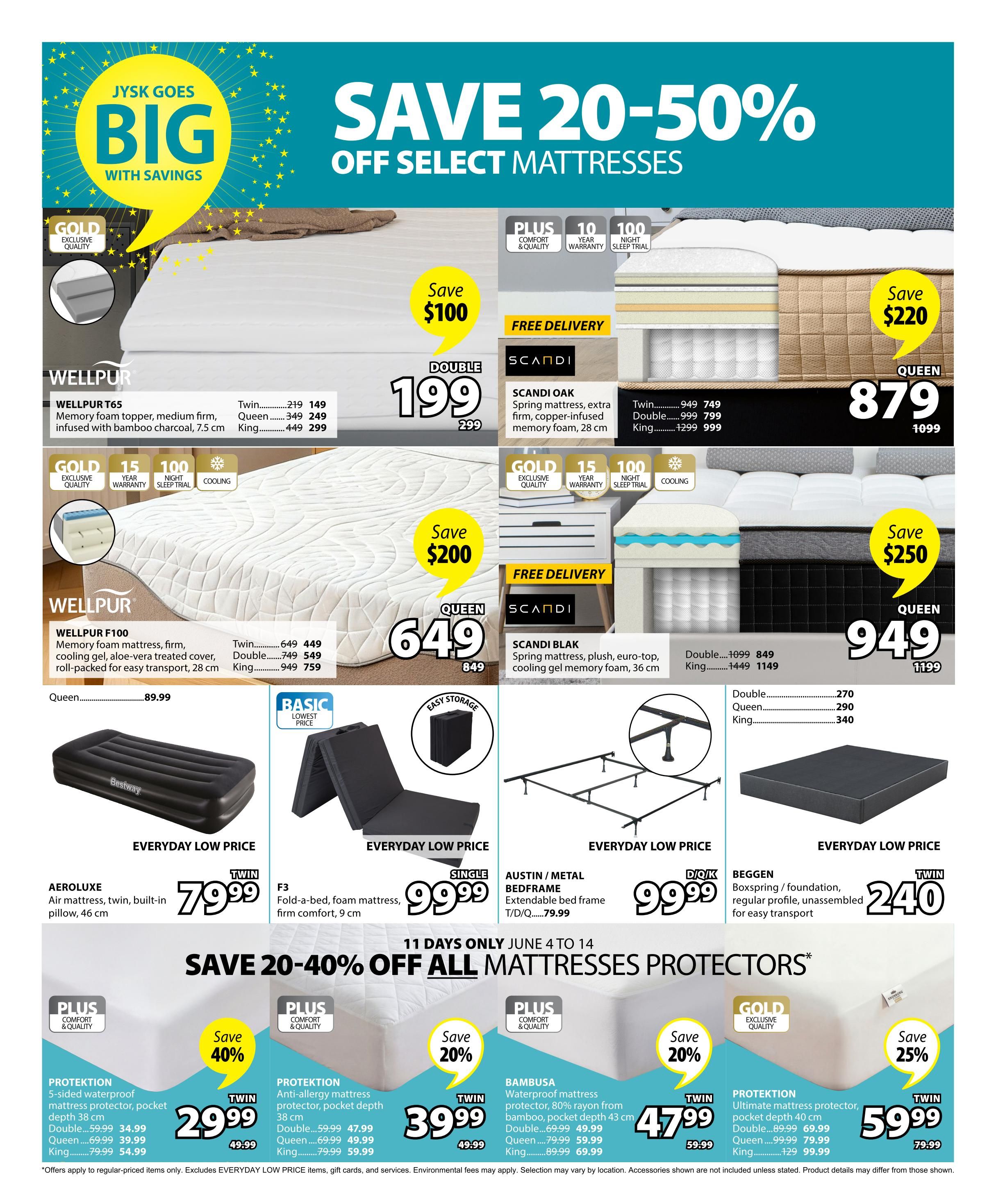 Jysk flyer page 11 featuring 'Save 20-50% Off Select Mattresses'. Offers include Wellpur T65 memory foam topper, medium firm, infused with bamboo charcoal, 7.5 cm, on sale for $199 (regular $299). Scandi Oak spring mattress, extra firm, copper-infused memory foam, 28 cm, is $879 (regular $1099) for Queen size. Wellpur F100 memory foam mattress, firm, cooling gel, aloe-vera treated cover, roll-packed for easy transport, 28 cm, is $649 (regular $849) for Queen size. Scandi Blak spring mattress, plush, euro-top, cooling gel memory foam, 36 cm, is $949 (regular $1199) for Queen size. Aeroluxe air mattress, twin, built-in pillow, 46 cm, is an everyday low price of $79.99. F3 fold-a-bed, foam mattress, firm comfort, 9 cm, is an everyday low price of $99.99. Austin/Metal bed frame, extendable, is an everyday low price of $99.99. Beggen boxspring/foundation, regular profile, unassembled for easy transport, is $240 for Twin size. Also featured are mattress protectors: Protection 5-sided waterproof mattress protector, pocket depth 38 cm, is 40% off, starting at $29.99 for Twin. Protection anti-allergy mattress protector, pocket depth 38 cm, is 20% off, starting at $39.99 for Twin. Bambusa waterproof mattress protector, 80% rayon from bamboo, pocket depth 43 cm, is 20% off, starting at $47.99 for Twin. Protection ultimate mattress protector, pocket depth 40 cm, is 25% off, starting at $59.99 for Twin. All offers are valid for 11 days only, June 4 to June 14.