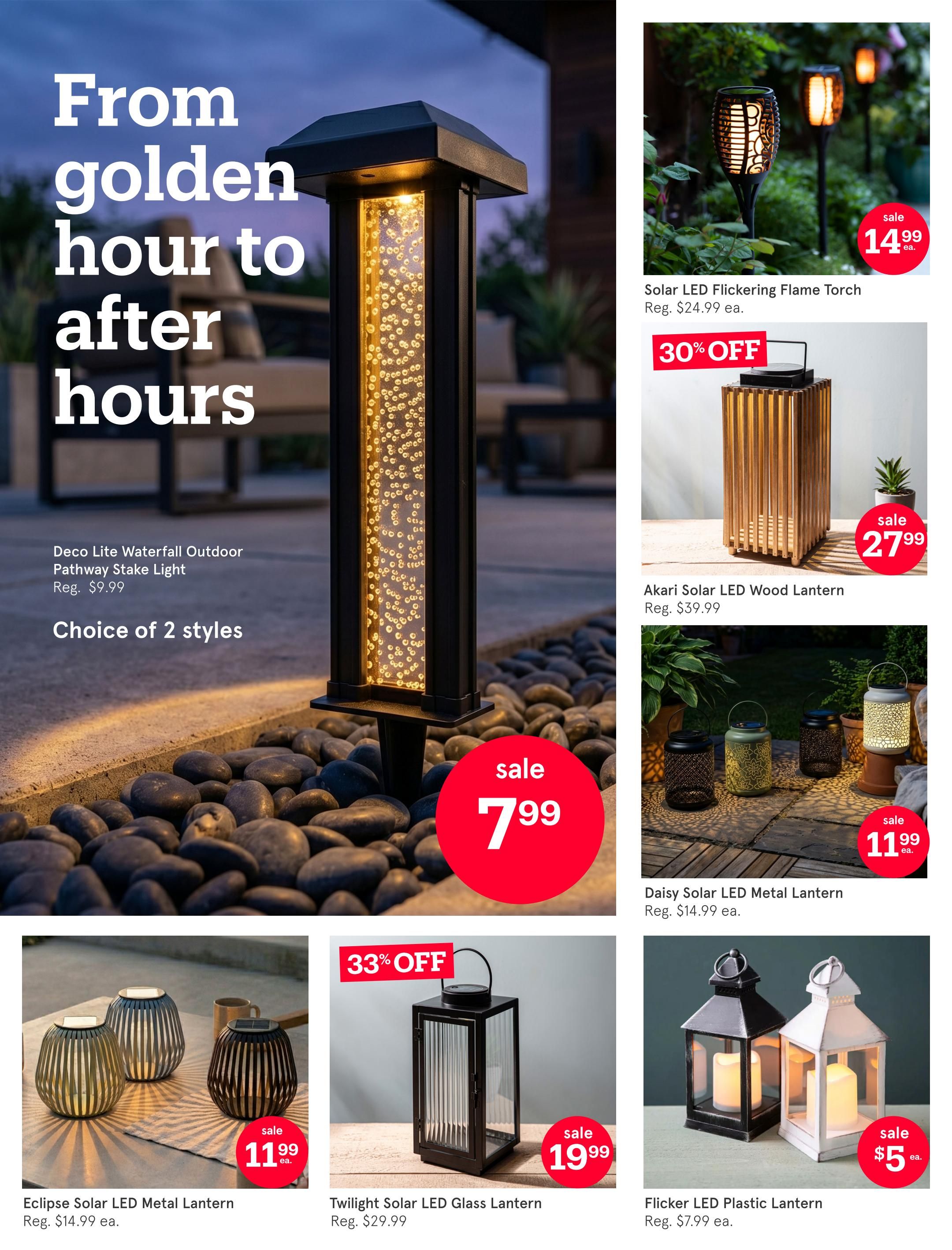 Kitchen Stuff Plus flyer page 12 featuring outdoor lighting. A large Deco Lite Waterfall Outdoor Pathway Stake Light is shown, on sale for $7.99, regularly $9.99, available in 2 styles. Other featured items include a Solar LED Flickering Flame Torch on sale for $14.99, regularly $24.99, with 30% off. An Akari Solar LED Wood Lantern is on sale for $27.99, regularly $39.99. The Daisy Solar LED Metal Lantern is on sale for $11.99, regularly $14.99. The Eclipse Solar LED Metal Lantern is on sale for $11.99, regularly $14.99. The Twilight Solar LED Glass Lantern is on sale for $19.99, with 33% off its regular price of $29.99. Finally, the Flicker LED Plastic Lantern is on sale for $5, regularly $7.99.