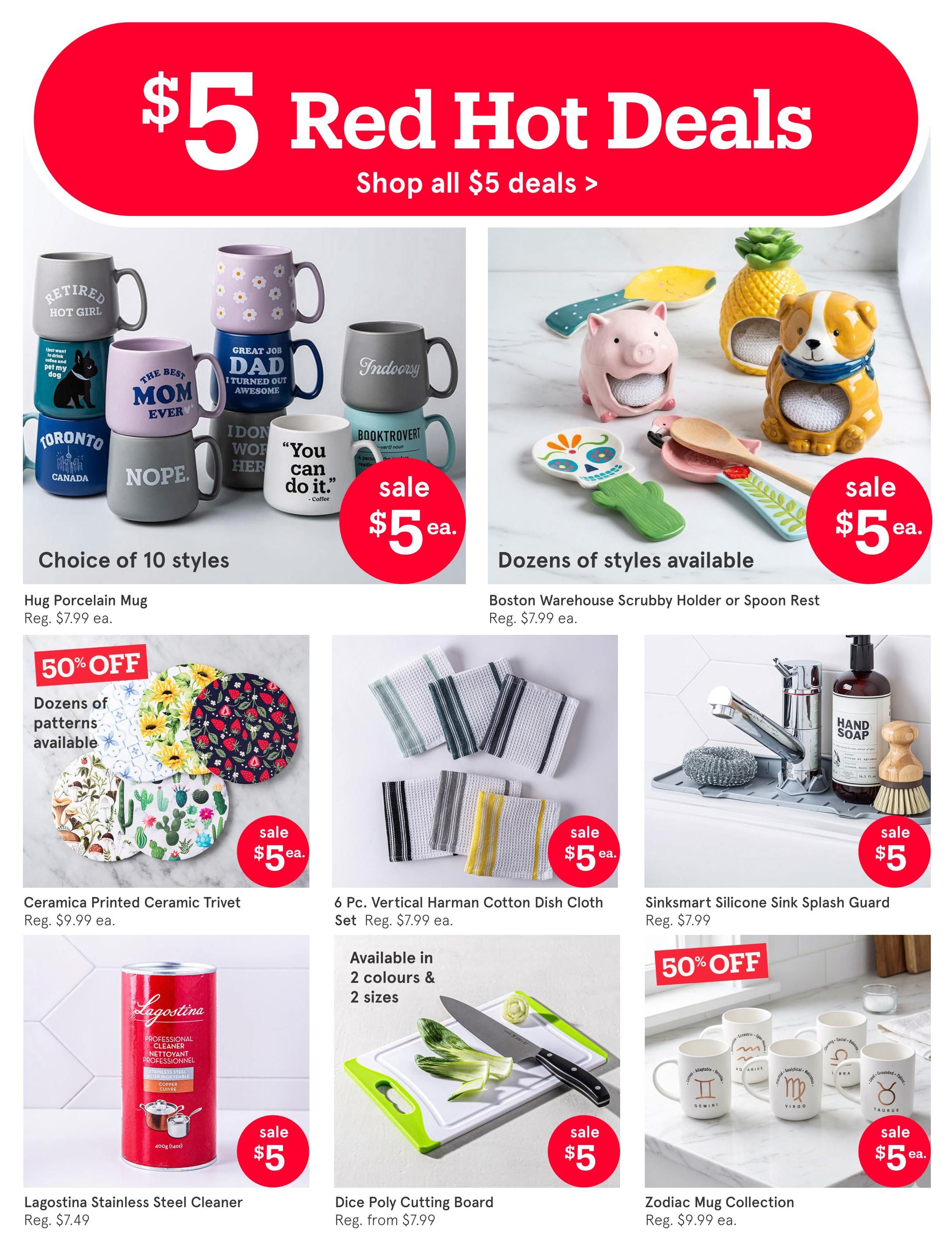 Kitchen Stuff Plus flyer page 14 featuring '$5 Red Hot Deals'. Featured items include Hug Porcelain Mugs in 10 styles for $5 each (regularly $7.99), Boston Warehouse Scrubby Holders or Spoon Rests for $5 each (regularly $7.99), and a Zodiac Mug Collection for $5 each (regularly $9.99). Also on sale for $5 are Ceramica Printed Ceramic Trivets with dozens of patterns available (regularly $9.99), 6 Pc. Vertical Harman Cotton Dish Cloth Sets (regularly $7.99), a Dice Poly Cutting Board (regularly from $7.99), and Lagostina Stainless Steel Cleaner (regularly $7.49). The Sinksmart Silicone Sink Splash Guard is also on sale for $5 (regularly $7.99). A '50% OFF' banner highlights the Ceramica Printed Ceramic Trivets and the Zodiac Mug Collection.