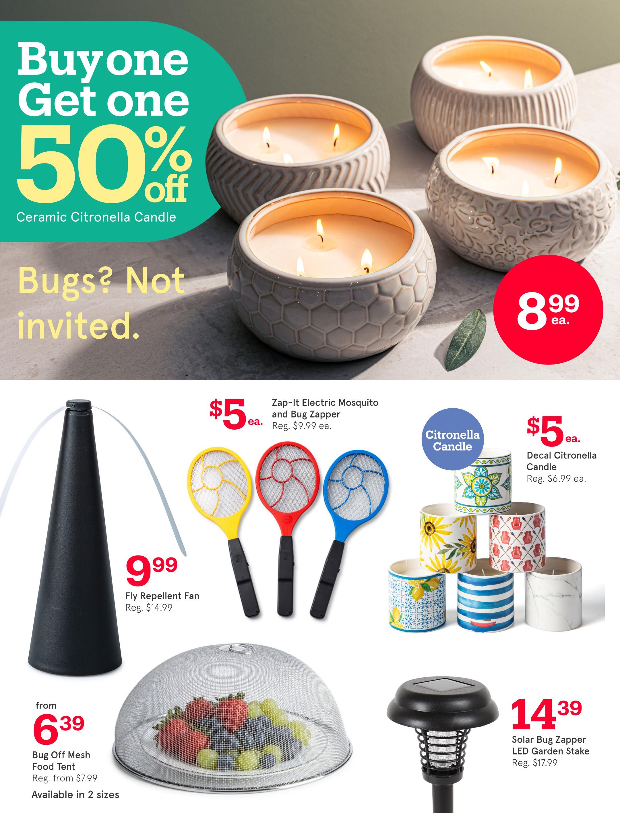 Kitchen Stuff Plus flyer page 16 features a Buy One Get One 50% off sale on Ceramic Citronella Candles. Other featured items include Zap-It Electric Mosquito and Bug Zappers for $5 each (regularly $9.99), Decal Citronella Candles for $5 each (regularly $6.99), a Fly Repellent Fan for $9.99 (regularly $14.99), Bug Off Mesh Food Tents starting from $6.39 (regularly from $7.99) available in 2 sizes, and a Solar Bug Zapper LED Garden Stake for $14.39 (regularly $17.99).