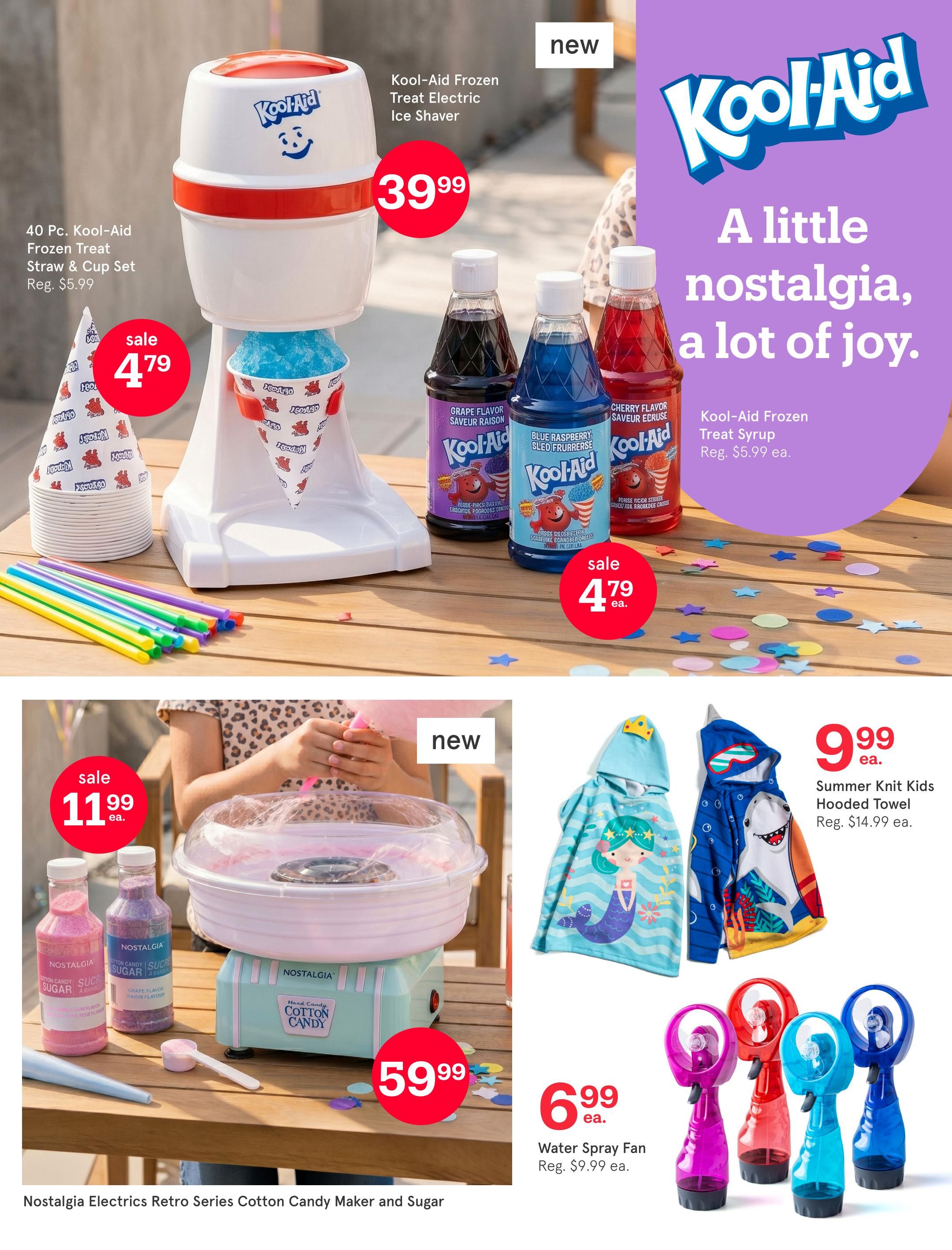 Kitchen Stuff Plus flyer page 18 featuring Kool-Aid Frozen Treat Electric Ice Shaver for $39.99, and a 40 Pc. Kool-Aid Frozen Treat Straw & Cup Set on sale for $4.79 (regular $5.99). Also available are Kool-Aid Frozen Treat Syrups in Grape and Blue Raspberry flavours for $4.79 each. The page highlights a Nostalgia Electrics Retro Series Cotton Candy Maker and Sugar for $59.99. Additionally, Summer Knit Kids Hooded Towels are on sale for $9.99 (regular $14.99), and Water Spray Fans are priced at $6.99 each (regular $9.99).