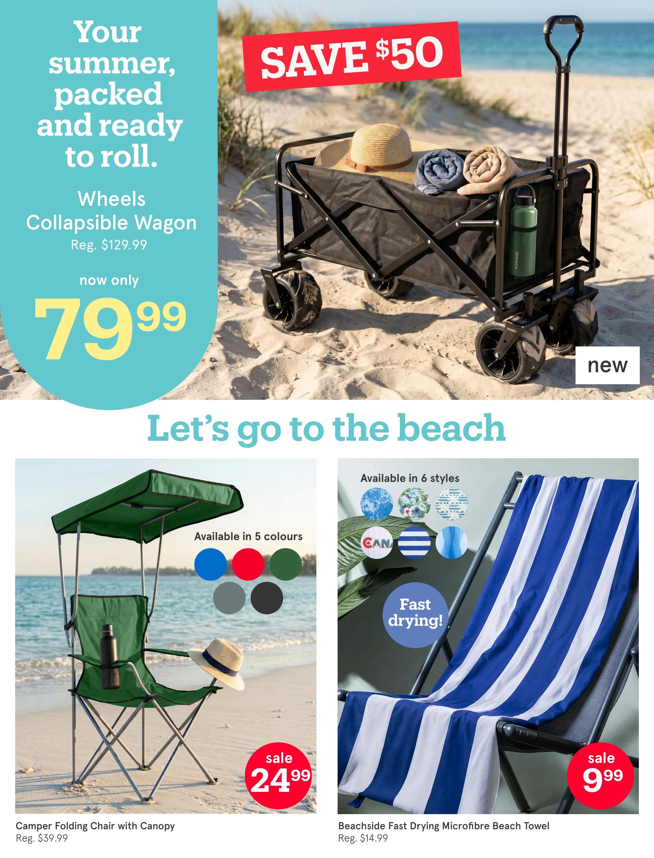 Kitchen Stuff Plus flyer page 19 features summer and beach essentials. A Wheels Collapsible Wagon is on sale for $79.99, down from its regular price of $129.99, with a $50 savings. The wagon is shown packed with a straw hat and rolled towels on a sandy beach. Also featured is a Camper Folding Chair with Canopy, available in 5 colours, on sale for $24.99, regularly $39.99. A Beachside Fast Drying Microfibre Beach Towel is on sale for $9.99, regularly $14.99, and is available in 6 styles.