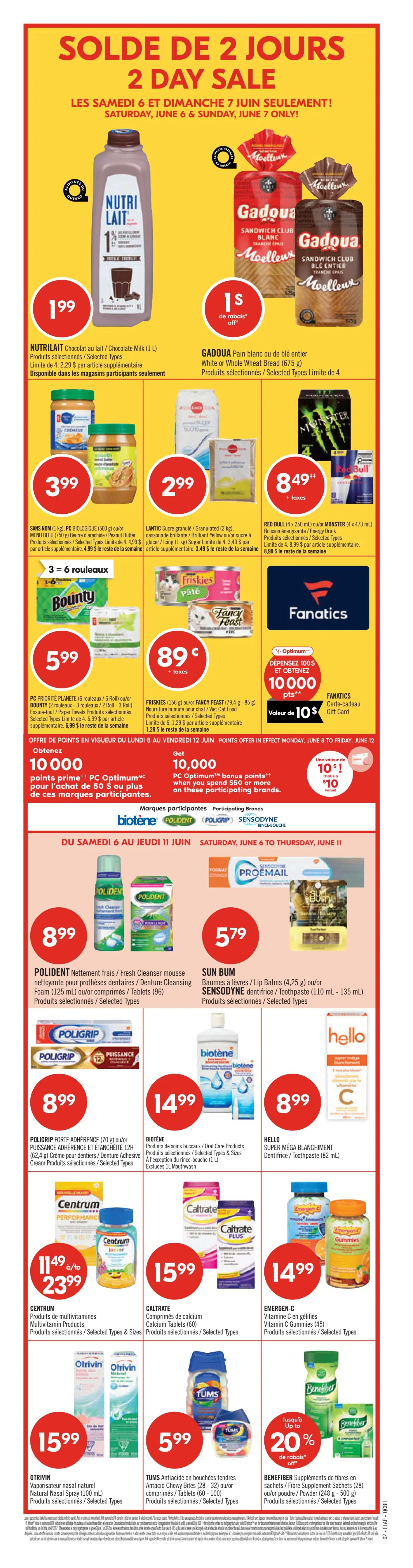 Pharmaprix weekly flyer specials, page 3, valid Saturday, June 6 to Thursday, June 11. Featuring big brands and big savings. Dove Hair Care Products are $4.99. Got2b Premium Curled Styling products, Batiste dry shampoo, and L'Oréal EverPure hair care products are $10.99. L'Oréal Hyaluron Plump hair care, Got2b Glued styling products, and Axe hair styling clay are $7.99. Studio Line Hair Styling Products are $9.99. Save up to 25% on Neutrogena Acne Care Products and L'Oréal Wrinkle Expert facial moisturizers. Aveeno Body Oil Mist, Lubriderm lotions, and Aveeno lotions are $9.99. With the $75 purchase of Karine Joncas skincare products, receive a free facial patch. Native Body Wash and Native Deodorant Stick are $15.99. Gillette Clear Gel and Dove Antiperspirant/Deodorant are $8.49. While quantities last. No rainchecks. We reserve the right to limit quantities. No sales to merchants.