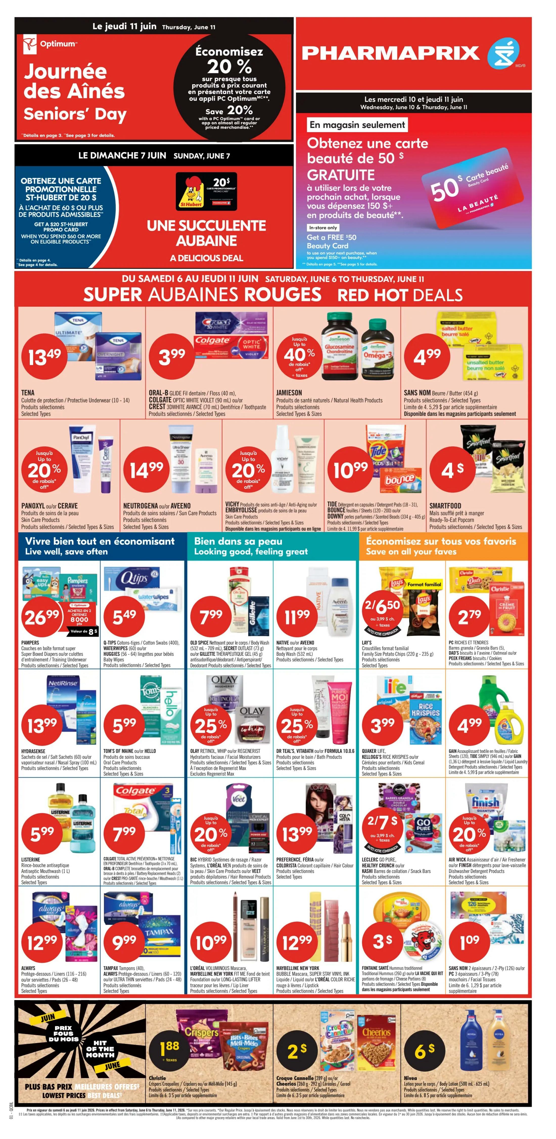 Pharmaprix flyer page 1 featuring a 2-day sale. Get 20x the points on your purchase, which is 30% in points. Deals include Doritos Tortilla Chips or Cheetos Snacks for $2.99, Category A Large White Eggs for $3.49, Sans Nom Bacon (375g) for $3.99, Royale Bathroom Tissue (12-24 rolls) for $5.99, Coca-Cola Beverages (6 x 710 mL) for $3.99 + taxes, PC Natural Spring Water (24 x 500 mL) 2 for $5, Pepsi Beverages (6 x 710 mL) for $4.19 + taxes, Dr. Oetker Ristorante or Casa Di Mama Pizza for $3.99, Christie Cookies or Crackers with Oreo cookies 2 for $5, Delices du Marche Croissants or Muffins for $4.99, Janes Style Pub Chicken Nuggets for $7.99, and Lysol Disinfectant Wipes or Paper Towels for $3.99. Also featured are Crest Complete or Scope Toothpaste for $1.29, Monday or OGX Hair Care products for $7.99, and Fragrance Singles or Gift Sets for $21.99. Consult more 2-day sale deals on the back page.
