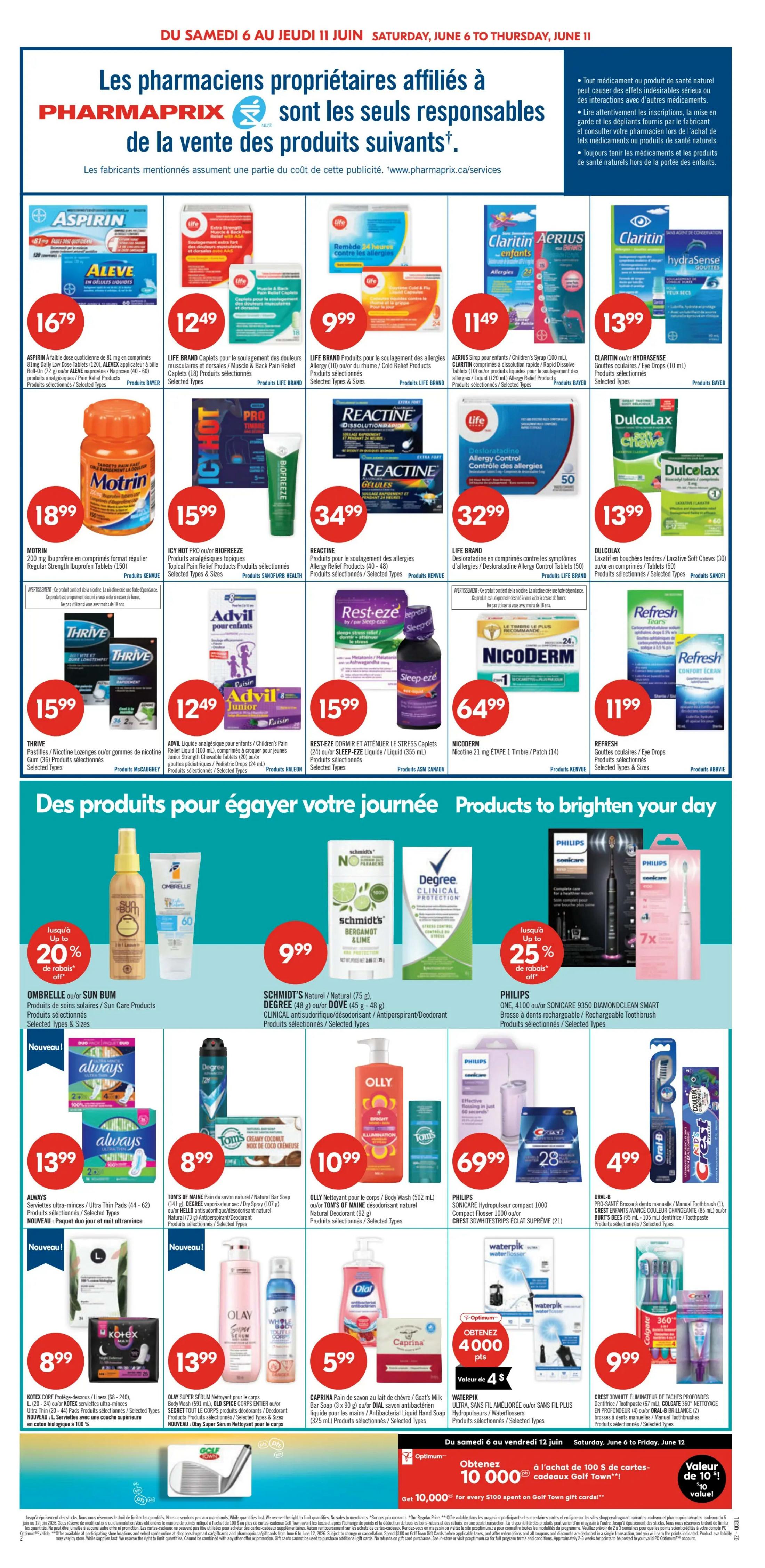 Pharmaprix weekly flyer specials page 5, featuring a variety of health and personal care products. Top section includes ASPIRIN 81mg Daily Low Dose Tablets for $16.79, LIFE BRAND Pain Relief Caplets for $12.49, LIFE BRAND Cold Relief Products for $9.99, AERIUS and CLARITIN allergy relief products ranging from $11.49 to $13.99. Also featured are MOTRIN 200mg Ibuprofen Regular Strength Tablets for $18.99, ICY HOT or BIOFREEZE topical pain relief for $15.99, REACTINE allergy relief products for $34.99, and LIFE BRAND Desloratadine Allergy Control Tablets for $32.99. The bottom section, 'Products to brighten your day,' showcases OMBRELLE or SUN BUM Sun Care Products for $9.99 with up to 20% off, SCHMIDT'S Natural Soap and DEGREE Antiperspirant/Deodorant for $9.99, PHILIPS Sonicare Toothbrushes starting at $69.99. Other deals include ALWAYS Ultra Thin Pads for $13.99, TOM'S OF MAINE Natural Bar Soap for $8.99, OLLY Body Wash for $10.99, and Dial Hand Soap for $5.99. Also available are WATERPIK Hydroflossers for $4.99 and CREST 3DWHITE or Oral-B Toothbrushes for $4.99 and $9.99 respectively. The flyer also highlights an Optimum offer to get 10,000 points for every $100 spent on Golf Town gift cards.