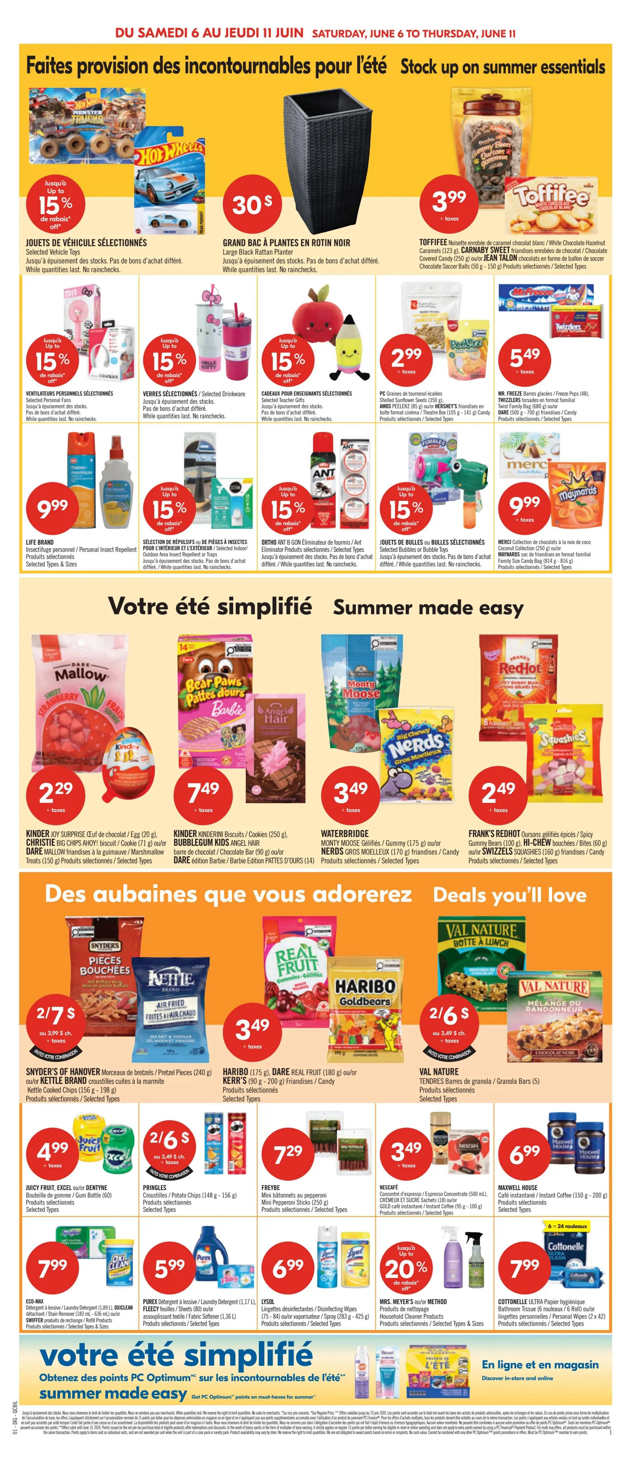 Pharmaprix weekly flyer specials page 8, featuring summer stock-up essentials. Top section includes Hot Wheels or Monster Truck selected vehicles for up to 15% off, a large black rattan planter for $30, and Toffifee or Barnaby Sweet chocolate bags for $3.99. Also featured are selected drinkware or personal fans for up to 15% off, selected teacher gifts for up to 15% off, PC Shelled Sunflower Seeds or AMOS PEELERZ or HERSHEY'S trios for $2.99, and MR. FREEZE or TWIZZLERS frozen pops or candy bags for $5.49. Life Brand personal insect repellent is $9.99. Ortho Ant B Gon or Ant Eliminator products are up to 15% off. Selected bubbles or bubble toys are up to 15% off. Merci chocolate bags are $9.99. The middle section highlights 'Summer made easy' with Kinder Joy Surprise or Christie biscuits for $2.29, Kinder Kinderini biscuits or BUBBLEGUM KIDS ANGEL HAIR for $7.49, WATERBRIDGE gummies or NERDS candy for $3.49, and FRANK'S REDHOT gummies or HI-CREW or SWIZZELS candy for $2.49. The bottom section, 'Deals you'll love,' features SNYDER'S OF HANOVER pretzel pieces or KETTLE BRAND potato chips for 2/$7, HARIBO Goldbears or DARE REAL FRUIT or KERR'S fruit snacks for $3.49, and VAL NATURE granola bars for 2/$6. PRINGLES potato chips are $7.29. NESCAFÉ instant coffee or GOLD instant coffee is $3.49. MAXWELL HOUSE instant coffee or family size coffee bags are $6.99. EGO MAX laundry detergent or SWIFFER products are $7.99. PUREX laundry detergent or FLECKI fabric softener is $5.99. LYSOL disinfecting wipes or spray are $6.99. Mrs. Meyer's household cleaners or method products are up to 20% off. COTTONELLE ultra paper bathroom tissue is $7.99. The bottom banner promotes 'Get PC Optimum points on must-haves for summer' and 'Discover in-store and online.