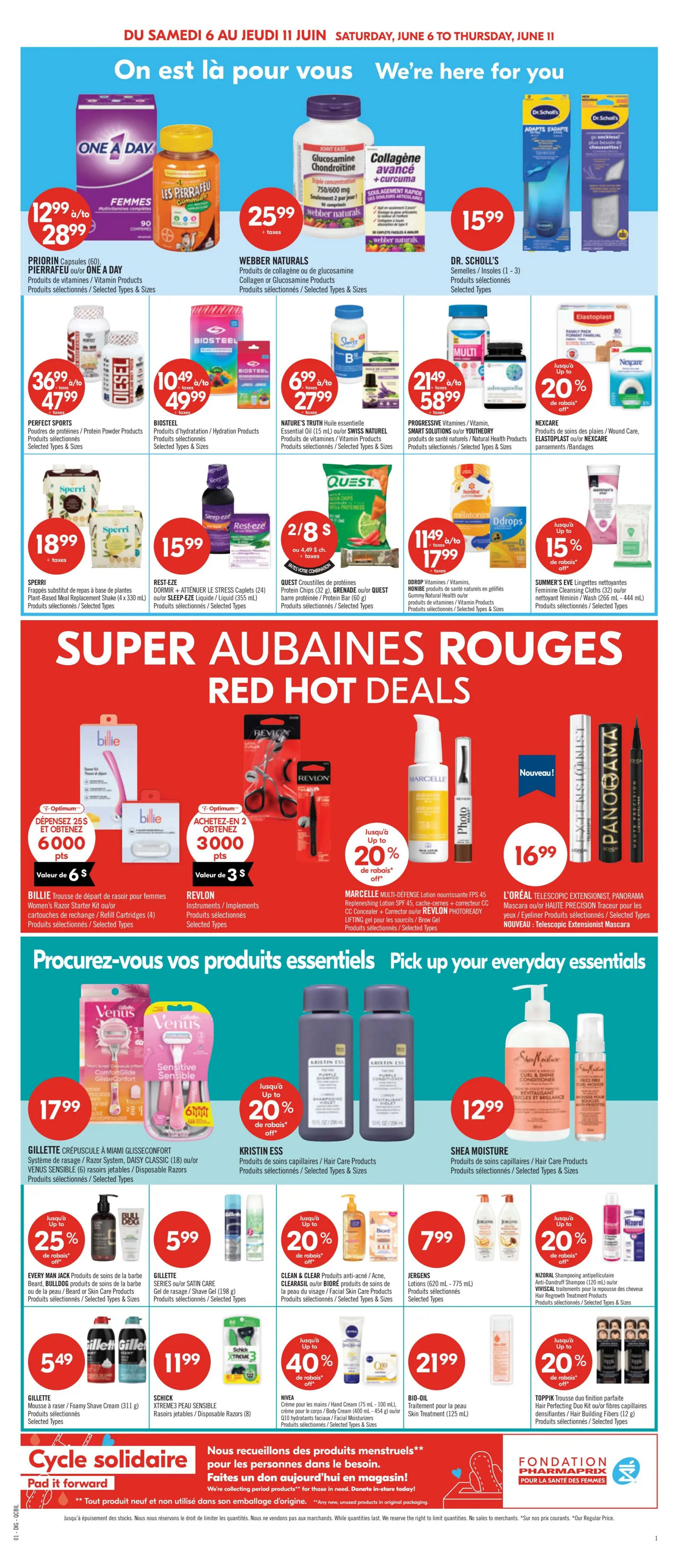 Pharmaprix weekly flyer specials page 10, featuring a wide array of health and beauty products. Top section highlights: PRIORIN Capsules (60) for $12.99 (originally $28.99), WEBBER NATURALS Collagen or Glucosamine products for $25.99, and DR. SCHOLL'S Insoles for $15.99. Also featured are PERFECT SPORTS Protein Powder for $36.99 (originally $47.99), BIOSTEEL Hydration products for $10.49 (originally $49.99), NATURE'S TRUTH Essential Oil for $6.99 (originally $27.99), PROGRESSIVE VITAMIN SMART SOLUTIONS for $21.49 (originally $58.99), NEXCARE Bandages with up to 20% off, SPERRI Meal Replacement Shake for $18.99, REST-EZE Sleep Caps for $15.99, QUEST Protein Chips for 2/$8, and BBROP Gummy Vitamins for $11.49 (originally $17.99), SUMMER'S EVE Cleansing Cloths with up to 15% off. The 'Super Aubaines Rouges' section includes: BILLIE Razor Starter Kit with 6000 points (value of $6), REVLON Instruments/Implements with 3000 points (value of $3), MARCELLE Multi-Defense Lotion for up to 20% off, and L'ORÉAL TELESCOPIC EXTENSIONIST PANORAMA Mascara for $16.99. The 'Pick up your everyday essentials' section features: GILLETTE RAZOR SYSTEM DAISY CLASSIC for $17.99, KRISTIN ESS Hair Care Products with up to 20% off, and SHEA MOISTURE Hair Care Products for $12.99. Additional deals include: EVERY MAN JACK Beard/Skin Care Products with up to 25% off, GILLETTE Shave Gel for $5.99, CLEAN & CLEAR Anti-Acne Products with up to 20% off, JERGENS Lotions for $7.99, NIZORAL Shampoo with up to 20% off, GILLETTE Shaving Foam for $5.49, SCHICK XTREME3 Razors for $11.99, NIVEA Hand Cream for $21.99, and BIO-OIL Skin Treatment for $21.99. The flyer also promotes a 'Cycle Solidaire' donation drive for menstrual products at Pharmaprix.