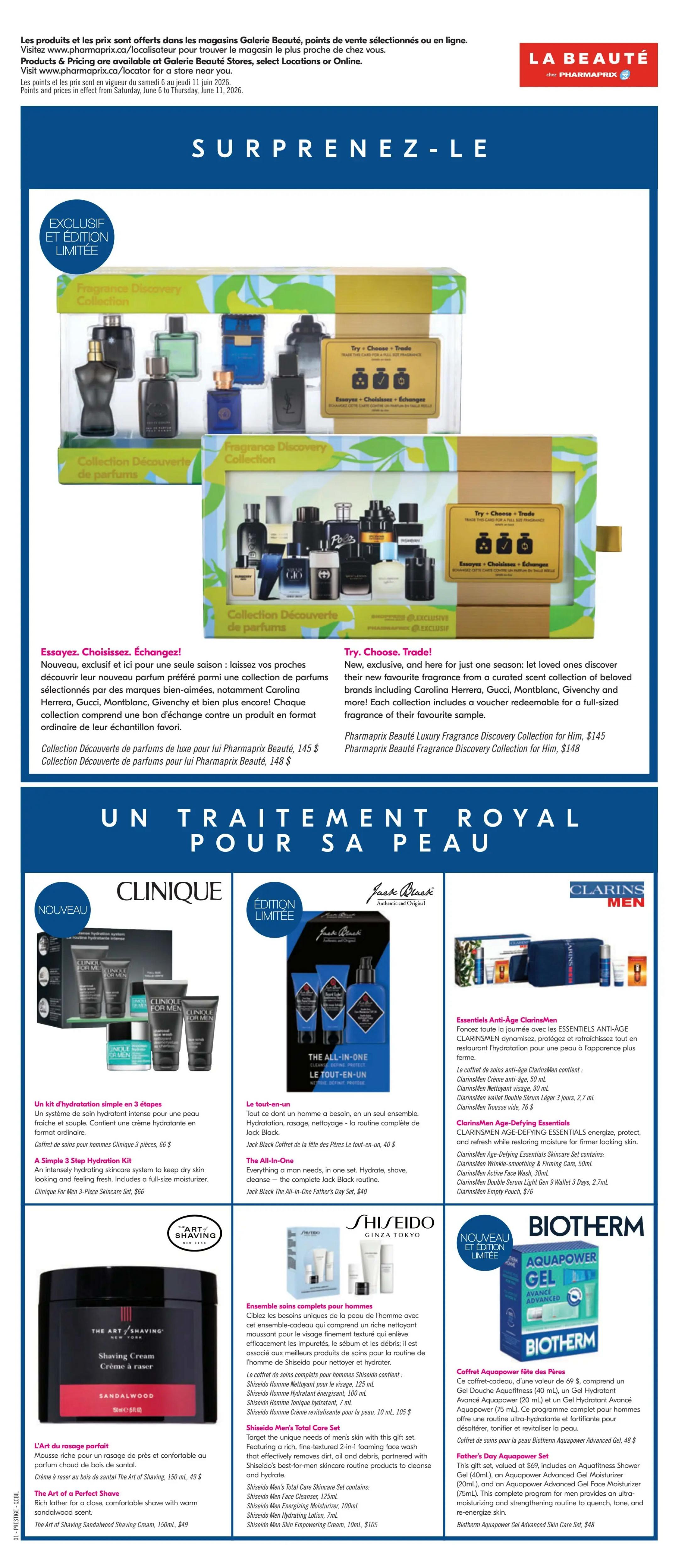 Pharmaprix weekly flyer specials, page 12. Features fragrance discovery collections from various brands including Carolina Herrera, Gucci, Montblanc, Givenchy, and more, with luxury fragrance discovery collections priced at $145 and $148. Also showcases skincare and grooming products for men: Clinique For Men 3-Piece Skincare Set for $66, Jack Black The All-in-One Father's Day Set for $40, The Art of Shaving Sandalwood Shaving Cream for $49. Includes ClarinsMen Age-Defying Essentials with products like Anti-Age Cream, Face Wash, and more, and Shiseido Men's Total Care Skincare Set with products like Face Cleanser, Energizing Moisturizer, and more. Biotherm Aquapower Gel Advanced Skin Care Set is available for $48.