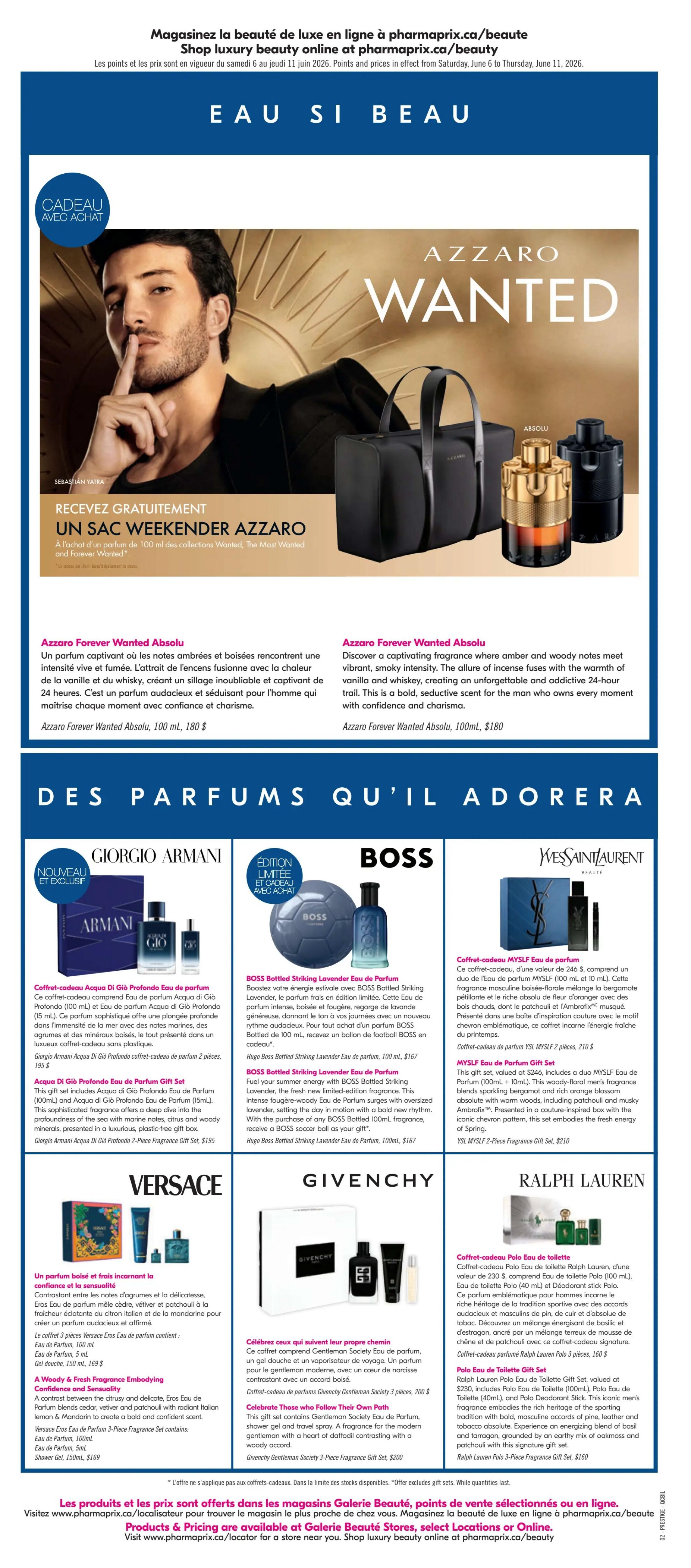 Pharmaprix weekly flyer specials, page 13, featuring luxury beauty products. The page highlights Azzaro Wanted fragrances with a free Azzaro Weekender Bag with the purchase of a 100 ml fragrance. Featured are Azzaro Forever Absolu, 100 ml for $180, and Azzaro Forever Wanted Absolu, 100 ml for $180. The page also showcases 'Perfumes He Will Adore' including Giorgio Armani Acqua Di Gio Profondo Eau de Parfum Gift Set, 2 pieces for $195. BOSS Bottled Strikng Lavender Eau de Parfum, 100 ml, is available as a gift set for $167 and includes a BOSS football. Yves Saint Laurent MYSLF Eau de Parfum Gift Set, 2 pieces, is $210. Versace Eros Eau de Parfum 3-Piece Fragrance Gift Set, Confidence and Sensuality, is $169. Givenchy Gentleman Society Eau de Parfum, 3-piece fragrance gift set, is $200. Ralph Lauren Polo Eau de Toilette Gift Set, 3 pieces, is $160.