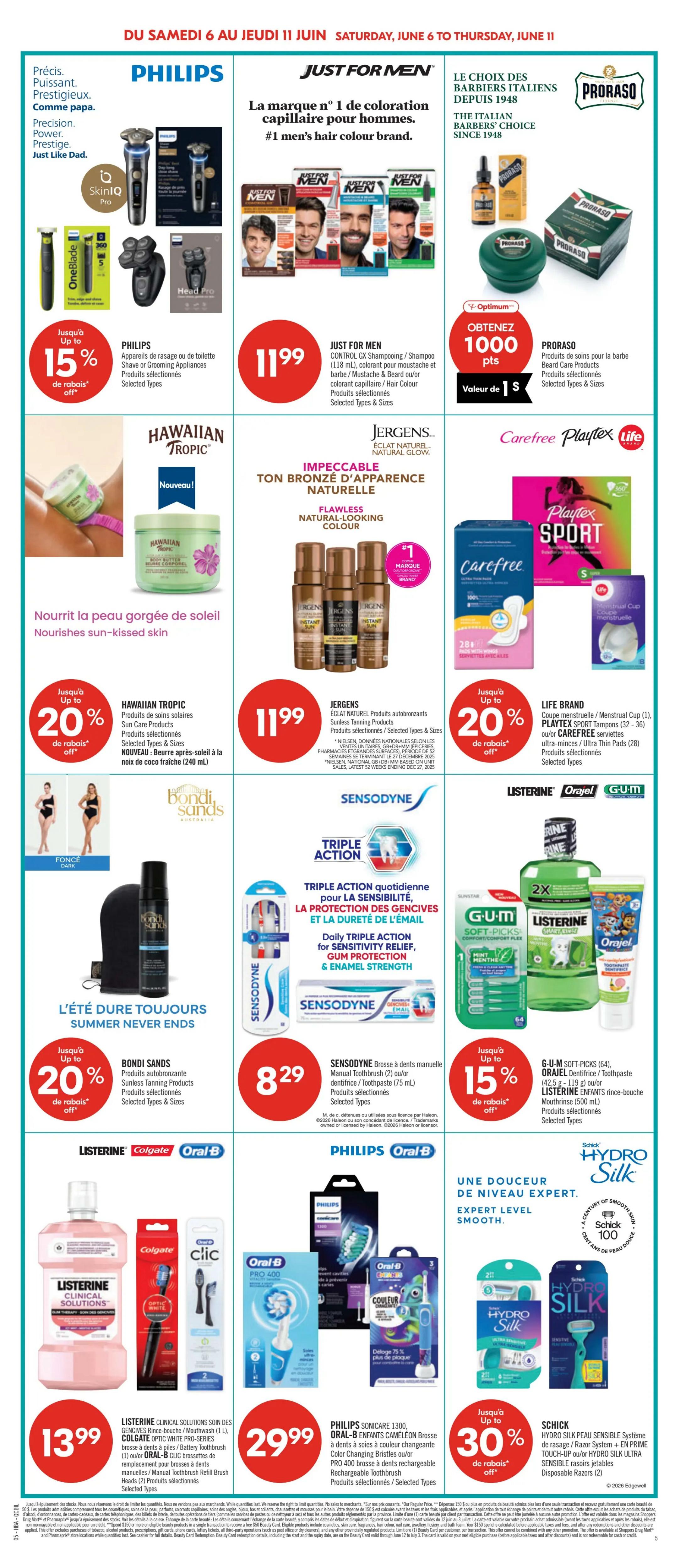 Pharmaprix weekly flyer specials page 15, featuring Philips Shave or Grooming Appliances with up to 15% off, Just For Men hair colour products for $11.99, and Proraso Beard Care Products. Also available are Hawaiian Tropic Sun Care Products for $11.99, Jergens Sunless Tanning Products for $11.99, and Carefree, Playtex Sport, and Life Brand feminine hygiene products with up to 20% off. Bondi Sands Sunless Tanning Products are also on sale with up to 20% off. Sensodyne Manual Toothbrush and Toothpaste are $8.29. Listerine Clinical Solutions Mouthwash, Colgate and Oral-B toothbrushes and toothpaste are $13.99. Philips Sonicare and Oral-B rechargeable toothbrushes are $29.99. Schick Hydro Silk razors and disposables are up to 30% off.