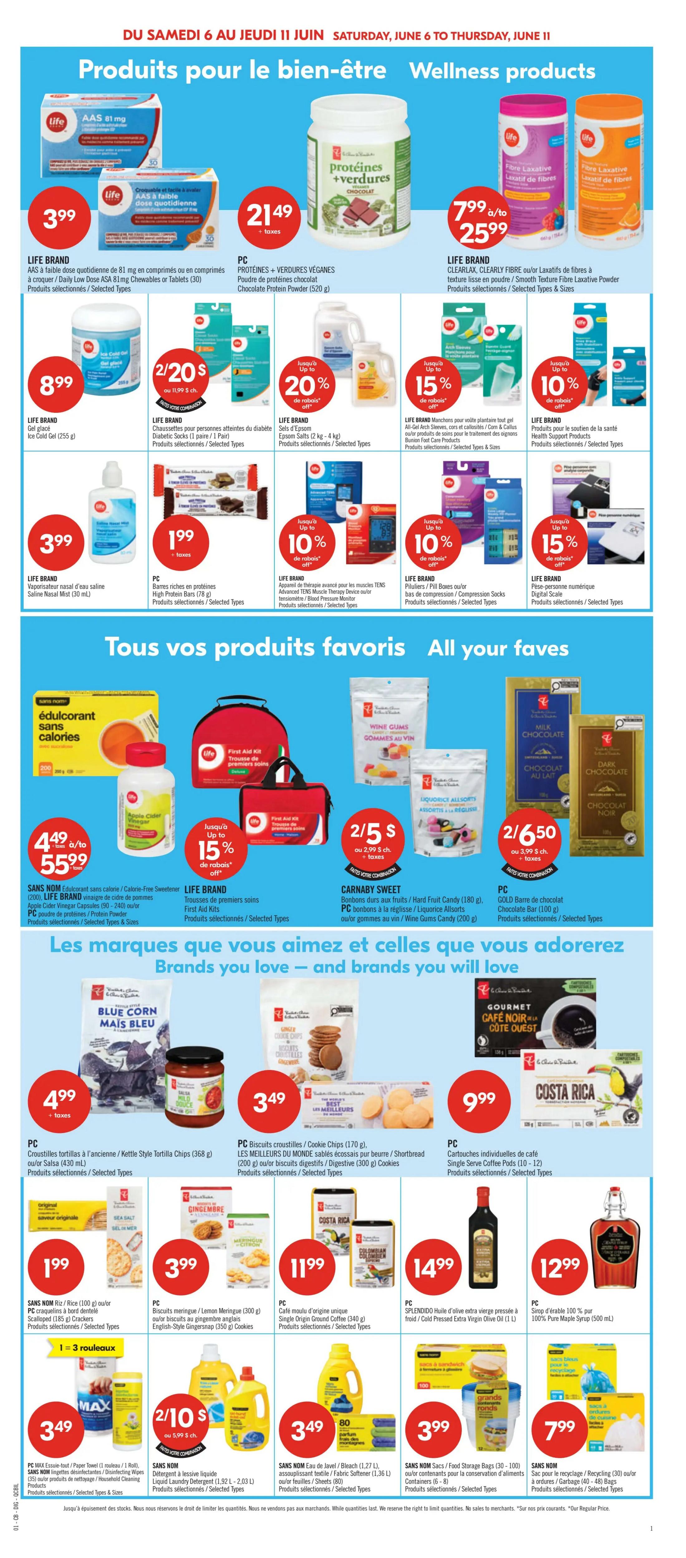 Pharmaprix weekly flyer specials page 16, featuring wellness products and customer favourites. Deals include LIFE BRAND AAS 81 mg chewables or tablets for $3.99, PC Chocolate Protein Powder for $21.49, and LIFE BRAND Clearlax Fibre or Laxatifs de fibres for $7.99 to $25.99. Also featured are LIFE BRAND Ice Cold Gel for $8.99, LIFE BRAND Diabetic Socks for 2 for $20, LIFE BRAND Epsom Salts (2 kg - 4 kg) up to 20% off, and LIFE BRAND All-Gel Arch Sleeves, Cors, and Calluses or Corn & Callus care products up to 15% off. Additional wellness items include LIFE BRAND Advanced TENS Muscle Therapy Device for up to 10% off, and LIFE BRAND Pill Boxes for up to 10% off. In the 'All your faves' section, find SANS NOM Calorie-Free Sweetener for $4.49 to $55.99, LIFE BRAND First Aid Kits for up to 15% off, CARNABY SWEET Hard Fruit Candy for 2 for $5, and PC Gold Bar Chocolate for 2 for $6.50. Brands you love and brands you will adore include PC Kettle Style Tortilla Chips for $4.99, LES MEILLEURS DU MONDE Shortbread or Digestive Cookies for $3.49, PC Single Serve Coffee Pods for $9.99, SANS NOM Rice for $1.99, PC Ginger Maple or Lemon Ginger Biscuits for $3.99, PC Single Origin Ground Coffee for $11.99, and PC Splendido Extra Virgin Olive Oil for $14.99. Also available is PC 100% Pure Maple Syrup for $12.99. Household essentials include PC MAX Essuie-tout / Paper Towel (1 roll) or Disinfecting Wipes for $3.49, SANS NOM Laundry Detergent for 2 for $10, SANS NOM Dish Soap for $3.49, and SANS NOM Fabric Softener for $3.99. Finally, SANS NOM Food Storage Bags or Garbage Bags are $7.99.