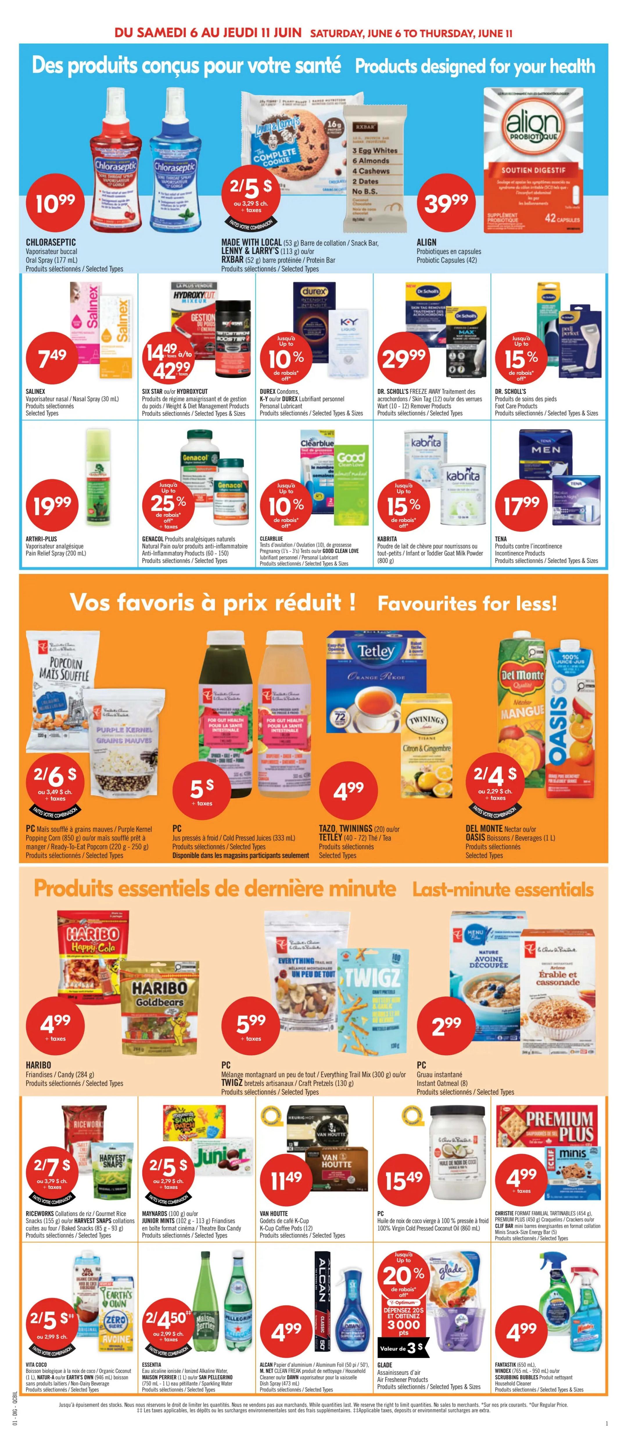 Pharmaprix flyer page 18 featuring health products and last-minute essentials. Top section highlights health products with Chloraseptic Oral Spray for $10.99, Salinex Nasal Spray for $7.49, Six Star or Hydroxycut for $14.49/$42.99, Durex Condoms with up to 10% off, Align Probiotics for $39.99, Dr. Scholl's Freeze Away for $29.99, and Dr. Scholl's Foot Care Products with up to 15% off. Also featured are Arthri-Plus Pain Relief Spray for $19.99, Genacol Natural Pain Products with up to 25% off, Clearblue Pregnancy Tests with up to 10% off, and Kabrita Goat Milk Powder with up to 15% off. The middle section showcases 'Your favourites for less!' with PC Popcorn for 2/$6, PC Juices for $5, Tazo or Twinings Tea for $4.99, and Del Monte Nectar or Oasis Beverages for 2/$4. The bottom section presents 'Last-minute essentials' including Haribo Candies for $4.99, PC Trail Mix or Twigz Pretzels for $5.99, PC Instant Oatmeal for $2.99, RiceWorks or Harvest Snaps for 2/$7, Junior Mint or Box Candy for 2/$5, Van Houtte K-Cup Coffee Pods for $11.49, PC 100% Virgin Cold Pressed Coconut Oil for $15.49, Christie Mini Snack Bars for $4.99, Vita Coco or Earth's Own beverages for 2/$5, San Pellegrino or Perrier Water for 2/$4.50, Alcan Aluminum Foil or Dawn Dish Spray for $4.99, and Glade Air Freshener Products with 20% off for $3.00. Prices are valid from Saturday, June 6 to Thursday, June 11.