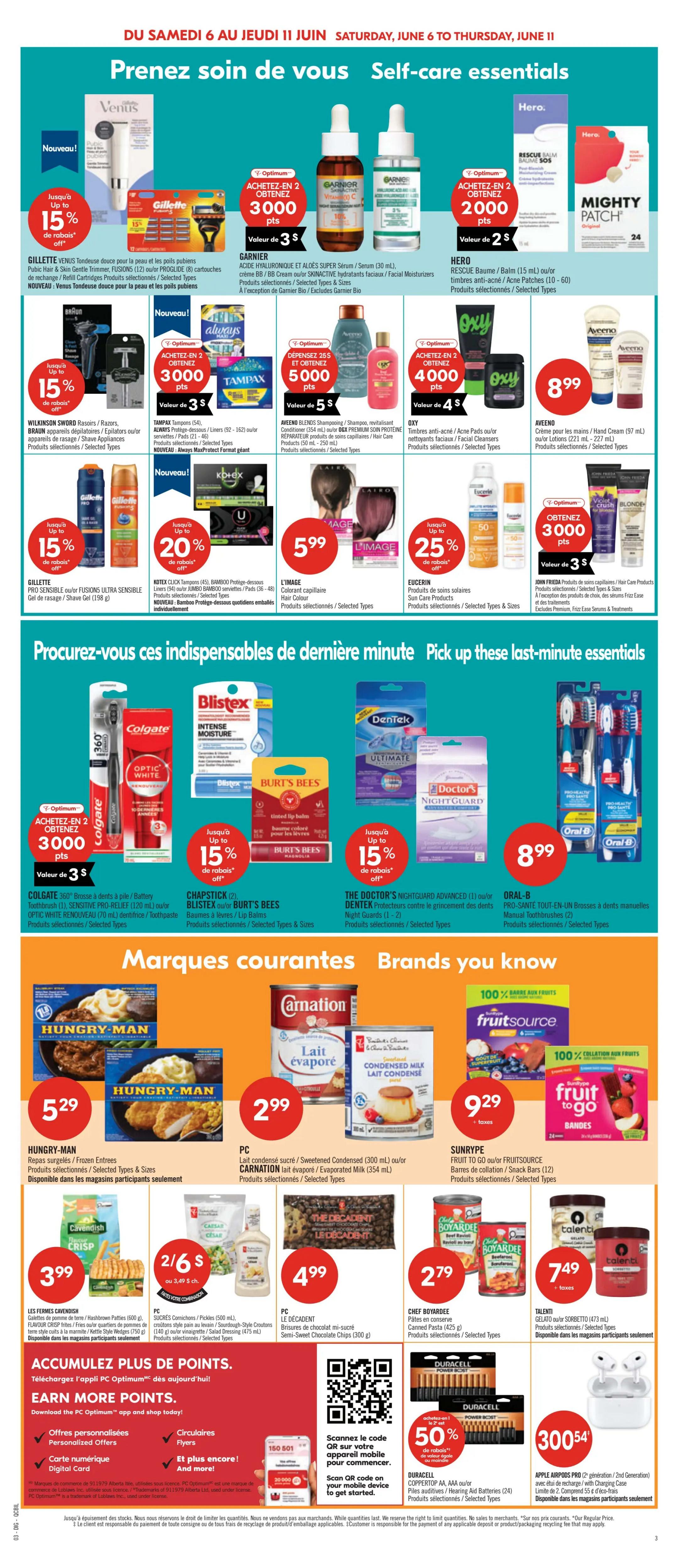 Pharmaprix weekly flyer specials page 20, featuring self-care essentials and brands you know. Top section highlights deals on Venus, Gillette, Garnier, Hero, Wilkinson Sword, Tampax, Aveeno, Oxy, and John Frieda products. Offers include up to 15% off Venus and Gillette, buy 2 get 3000 Optimum points on Garnier, buy 2 get 2000 Optimum points on Hero, up to 15% off Wilkinson Sword, buy 2 get 5000 Optimum points on Always Tampax, buy 2 get 4000 Optimum points on Oxy, and buy 2 get 3000 Optimum points on John Frieda. Also featured are L'Image hair colour for $5.99, up to 20% off Kotex tampons, and up to 25% off Eucerin sun care. Lower section showcases Colgate toothbrush for $3, Burt's Bees lip balms, Blistex, The Doctor's Nightguard, and Oral-B toothbrushes. Brands you know section includes Hungry-Man frozen entrees for $5.29, PC evaporated milk and condensed milk for $2.99, Carnation evaporated milk for $3.54, Sunrype or FruitSource snack bars for $9.29, Les Fermes Cavendish fries for $3.99, PC salad dressing for $2.60, PC chocolate chips for $4.99, Chef Boyardee pasta for $2.79, and Talenti gelato for $7.49. Also, Duracell batteries are 50% off, and Apple AirPods Pro (2nd Gen) are $300.54. The page also promotes earning more Optimum points by downloading the PC Optimum app.
