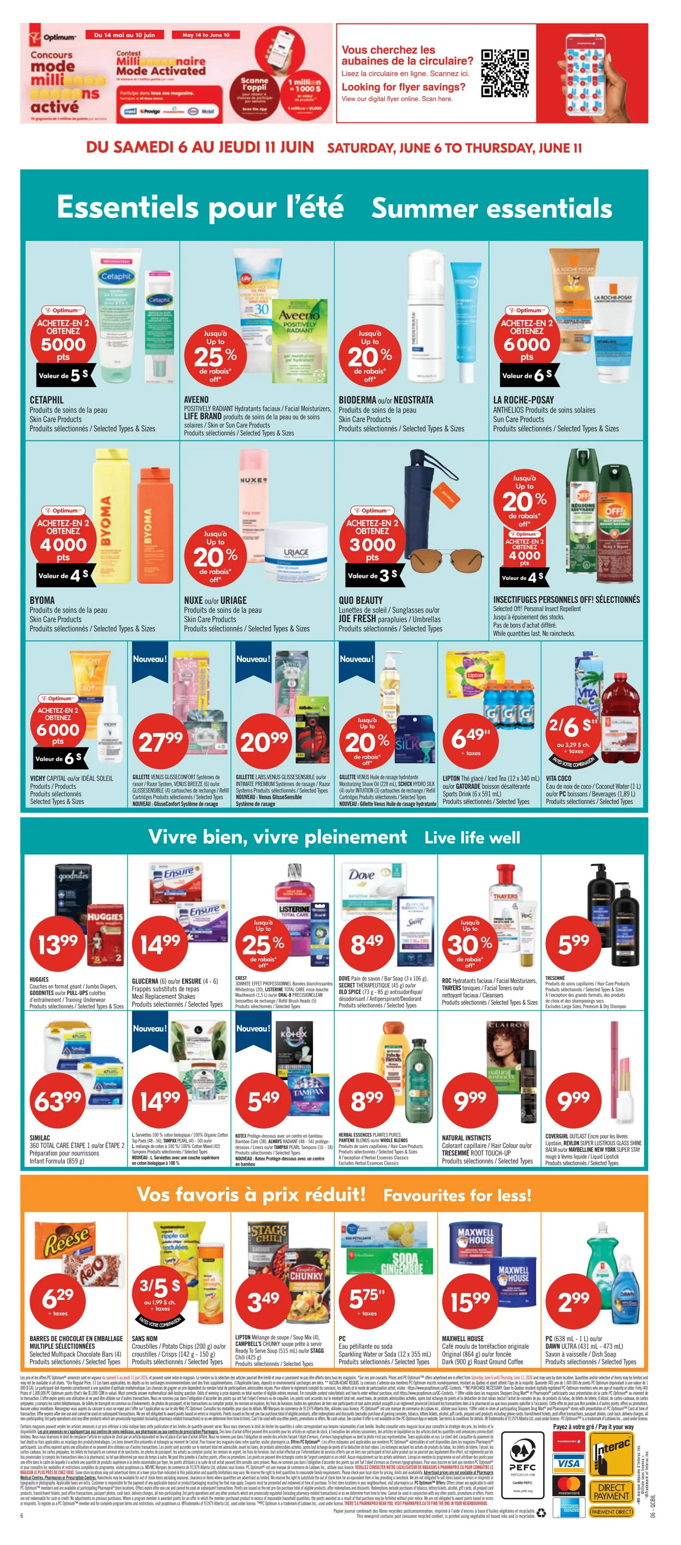 Pharmaprix weekly flyer specials, page 21, featuring summer essentials and live well deals. Offers include Cetaphil skin care products with 5000 Optimum points when you buy 2, valued at $5; Aveeno Positively Radiant facial moisturizers and skin care products up to 25% off; Bioderma or Neostrata skin care products up to 20% off; La Roche-Posay sun care products with 6000 Optimum points when you buy 2, valued at $6. Also featured are Byoma skin care products with 4000 Optimum points when you buy 2, valued at $4; Nuxe or Uriage skin care products up to 20% off; Quo Beauty sunglasses or Joe Fresh umbrellas. Vichy Capital or Idéal Soleil products with 6000 Optimum points when you buy 2, valued at $6. Gillette Venus Glisscomfort or Glistensensible shaving systems for $27.99 and $20.99 respectively. Gillette Venus hair removal moisturizing shave cream is 20% off. Lipton iced tea or Gatorade sports drinks for $6.49. Vita Coco coconut water for $2/$6. Live well section includes Huggies diapers for $13.99; Glucerna or Ensure nutritional drinks for $14.99; Listerine mouthwash and Crest Pro-Health mouthwash up to 25% off; Dove bar soap for $8.49; Roc facial moisturizers and toners up to 30% off; Tresemme hair care products for $5.99. Similac formula for $63.99. Kotex Pro-Edge pads or Tampex tampons for $14.99. Herbal Essences plant-based pure whole blends for $5.49. Natural Instincts hair colour for $8.99. Covergirl makeup including Super Stay foundation and lipstick for $9.99. Favourites for less include Reese chocolate bars for $6.29. PC chips or pretzels 3/$5. Lipton soup mix or Stagg Chili for $3.49. PC sparkling water or soda for $5.75. Maxwell House original dark roast ground coffee for $15.99. PC Dawn dish soap for $2.99.