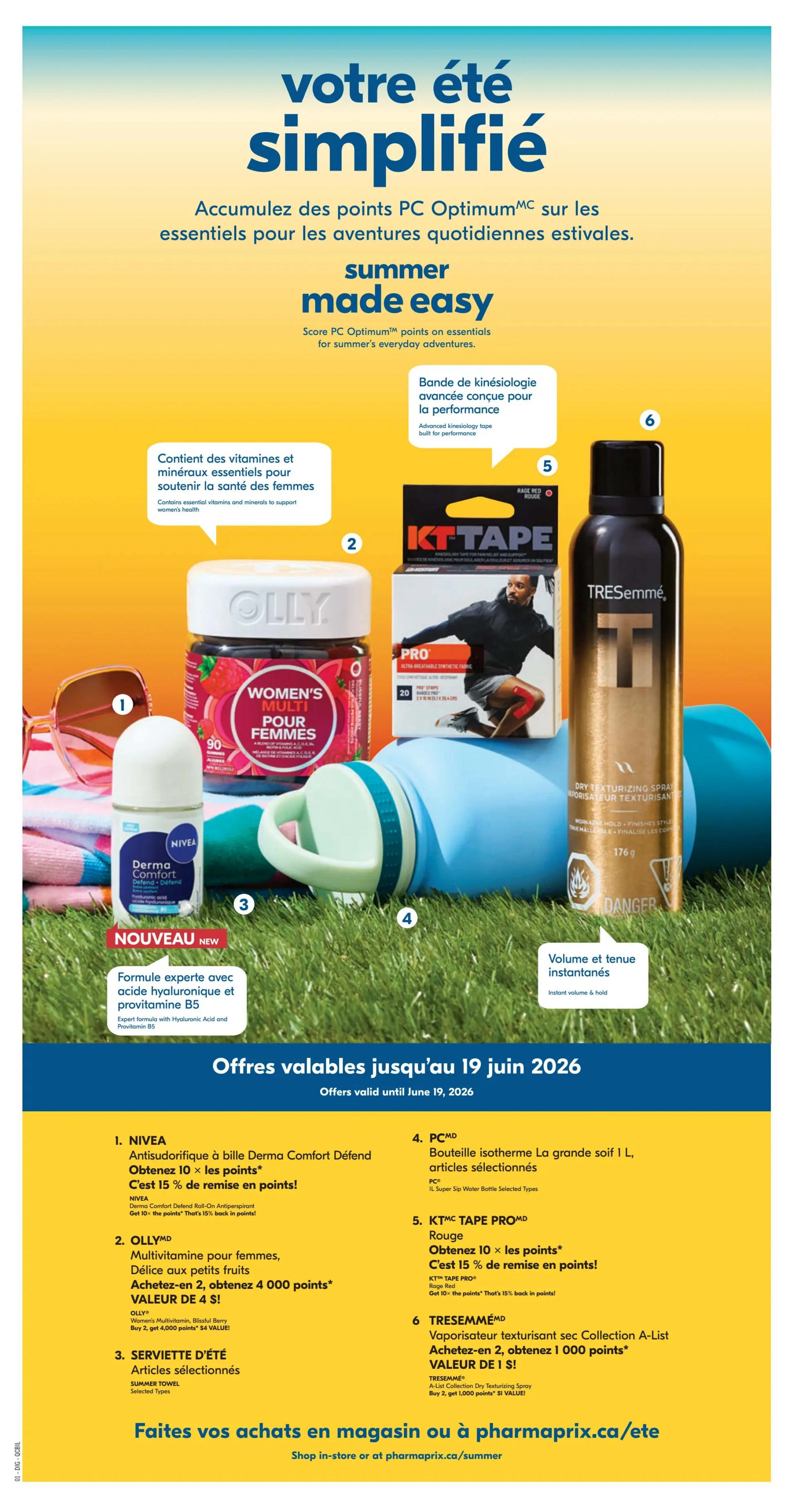 Pharmaprix weekly flyer specials, page 22. This page features 'Your Summer Simplified' with 'Summer Made Easy' offers. Featured products include: 1. NIVEA Derma Comfort Defend Roll-On Antiperspirant, get 10x PC Optimum points and 15% back in points. 2. OLLY Women's Multivitamins in Blissful Berry flavour, buy 2, get 4,000 PC Optimum points, valued at $4. 3. Selected Summer Towels. 4. PC Super Sip Water Bottle, 1 L capacity. 5. KT Tape PRO in Red, get 10x PC Optimum points and 15% back in points. 6. TRESEMME A-List Collection Dry Texturizing Spray, buy 2, get 1,000 PC Optimum points, valued at $1. Offers valid until June 19, 2026. Shop in-store or at pharmaprix.ca/summer.