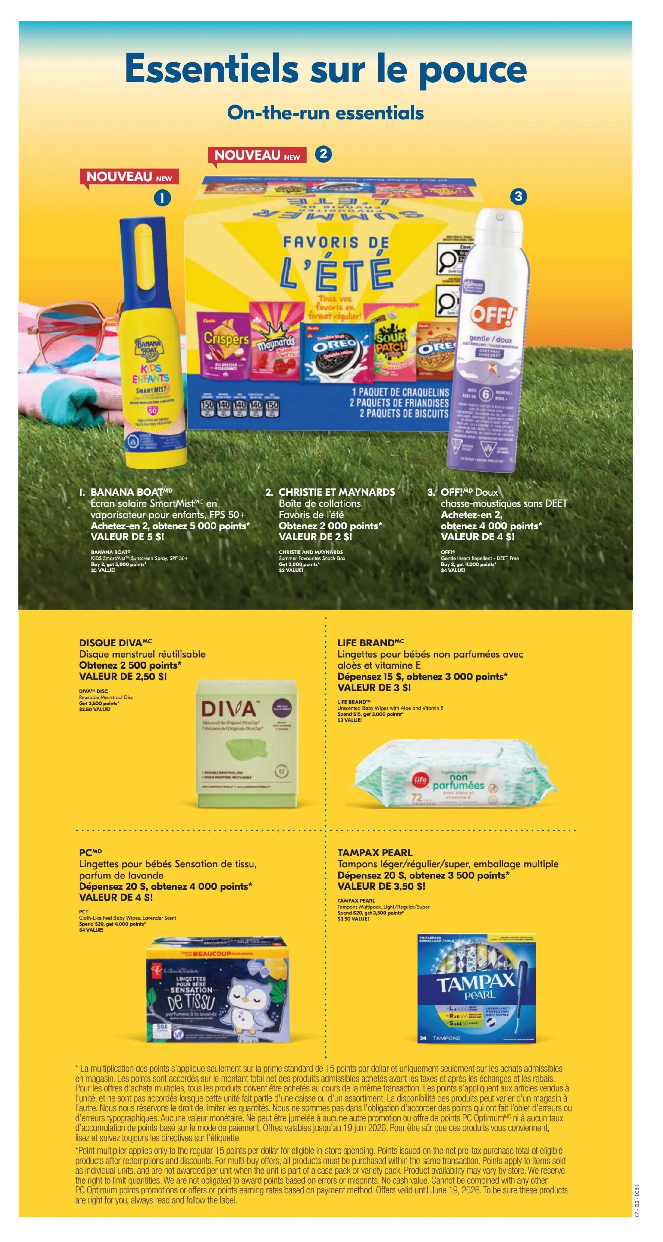 Pharmaprix weekly flyer specials, page 23, featuring 'On-the-run essentials'. Offers include: 1. Banana Boat Kids Smart Mist Sunscreen Spray, buy 2 get 5,000 points, value of $5. 2. Christie et Maynards Summer Favourites Snack Box, buy 2 get 2,000 points, value of $2. 3. OFF! Deep Woods Insect Repellent - DEET Free, buy 2 get 4,000 points, value of $4. Also featured are: Diva Reusable Menstrual Disc, spend $20, get 2,500 points, value of $2.50. Life Brand Unscented Baby Wipes with Aloe and Vitamin E, spend $15, get 3,000 points, value of $3. PC Cloth-Like Feel Baby Wipes, Lavender Scent, spend $20, get 4,000 points, value of $4. Tampax Pearl Multipack Tampons, spend $20, get 3,500 points, value of $3.50. The flyer includes promotional details and offer validity dates.