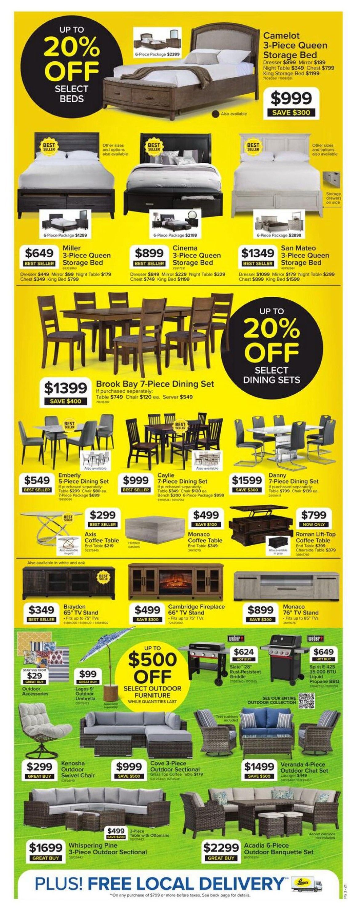 Leon's Weekly Flyer Specials Page 3 features up to 20% off select beds and dining sets. Featured beds include the Camelot 3-Piece Queen Storage Bed for $999 (save $300), Miller 3-Piece Queen Storage Bed for $649, Cinema 3-Piece Queen Storage Bed for $899, and San Mateo 3-Piece Queen Storage Bed for $1349. Dining sets include the Brook Bay 7-Piece Dining Set for $1399 (save $400), Emberly 5-Piece Dining Set for $549, Caylie 7-Piece Dining Set for $999, and Danny 7-Piece Dining Set for $1599. Also on sale are coffee tables: Axis Coffee Table for $299, Monaco Coffee Table for $499 (save $100), and Roman Lift-Top Coffee Table for $799. Entertainment furniture includes the Brayden 65' TV Stand for $349 and Cambridge Fireplace 66' TV Stand for $499 (save $300), and Monaco 76' TV Stand for $899 (save $300). Outdoor furniture is on sale with up to $500 off, featuring the Kenosha Outdoor Swivel Chair for $299, Cove 3-Piece Outdoor Sectional for $999 (save $500), Veranda 4-Piece Outdoor Chat Set for $1499 (save $500), Whispering Pine 3-Piece Outdoor Sectional for $1699 (save $200), and Acadia 6-Piece Outdoor Banquette Set for $2299. Outdoor accessories like umbrellas and griddles are also available. Plus, enjoy free local delivery on purchases of $799 or more before taxes.